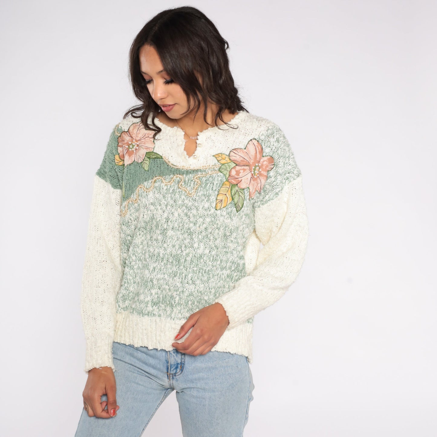 80s Floral Beaded Sweater Off-White Pearl Knit Pullover Large