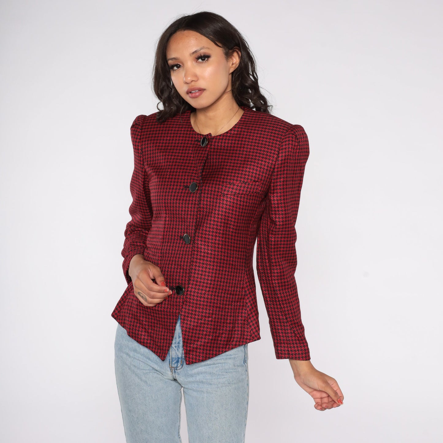 80s Worthington Red Black Houndstooth Blazer Puff Sleeve Tailored Medium