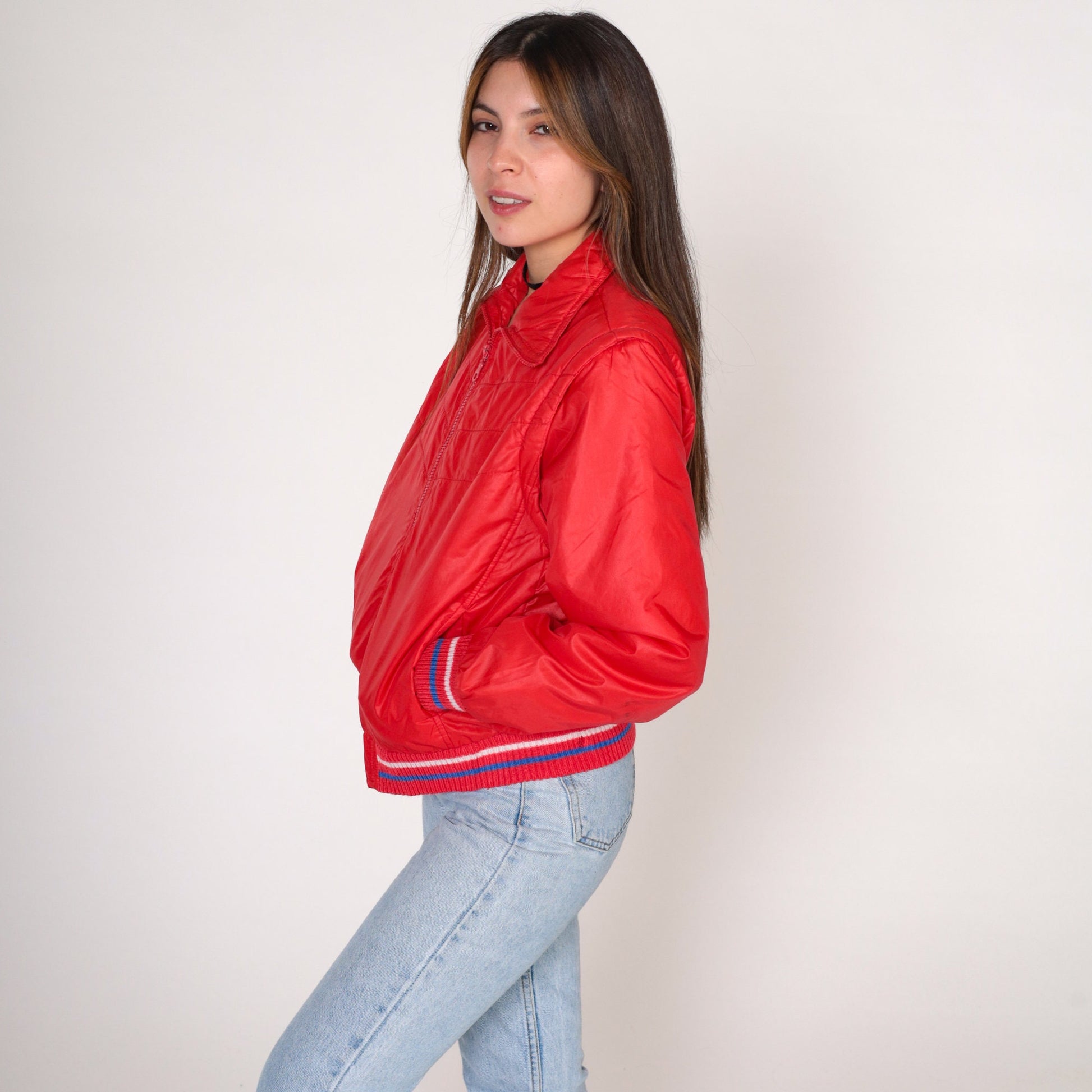 80s Red Quilted Convertible Jacket Zip-Off Sleeves Windbreaker Extra Small