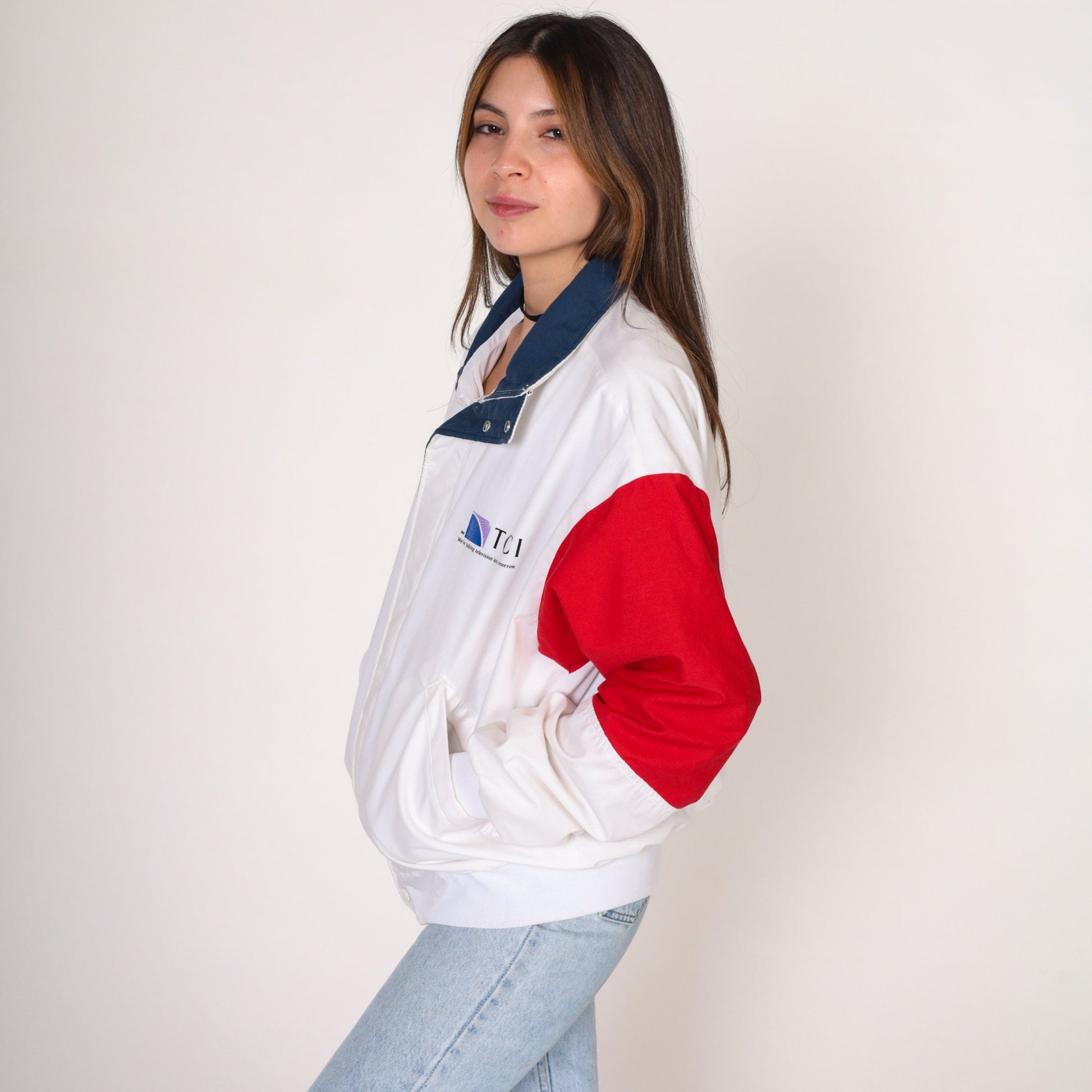 80s TCI Cable Television Windbreaker Jacket White Red Blue Medium