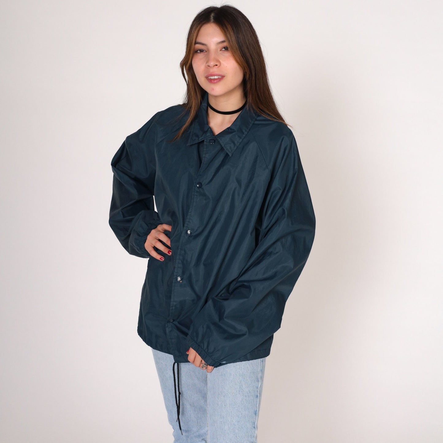 80s Kuether Distributing Co Windbreaker Jacket Navy Nylon Snap Raglan Large L