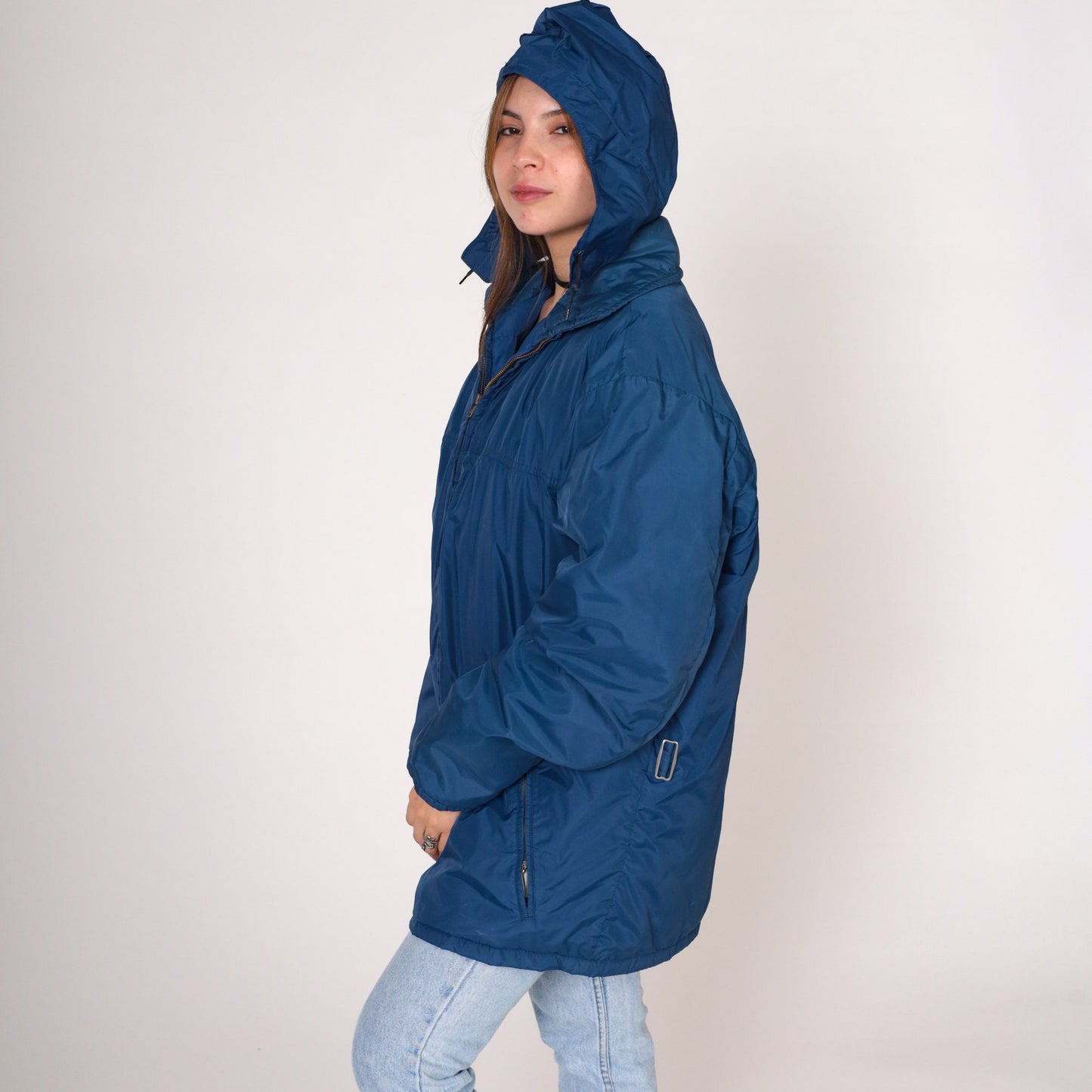 80s Tempco Blue Down Puffer Ski Jacket Hooded Zip Nylon Large L