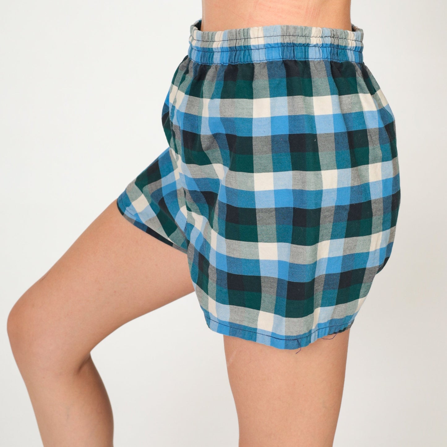 70s Plaid Swim Shorts Green Blue White Elastic Waist Small