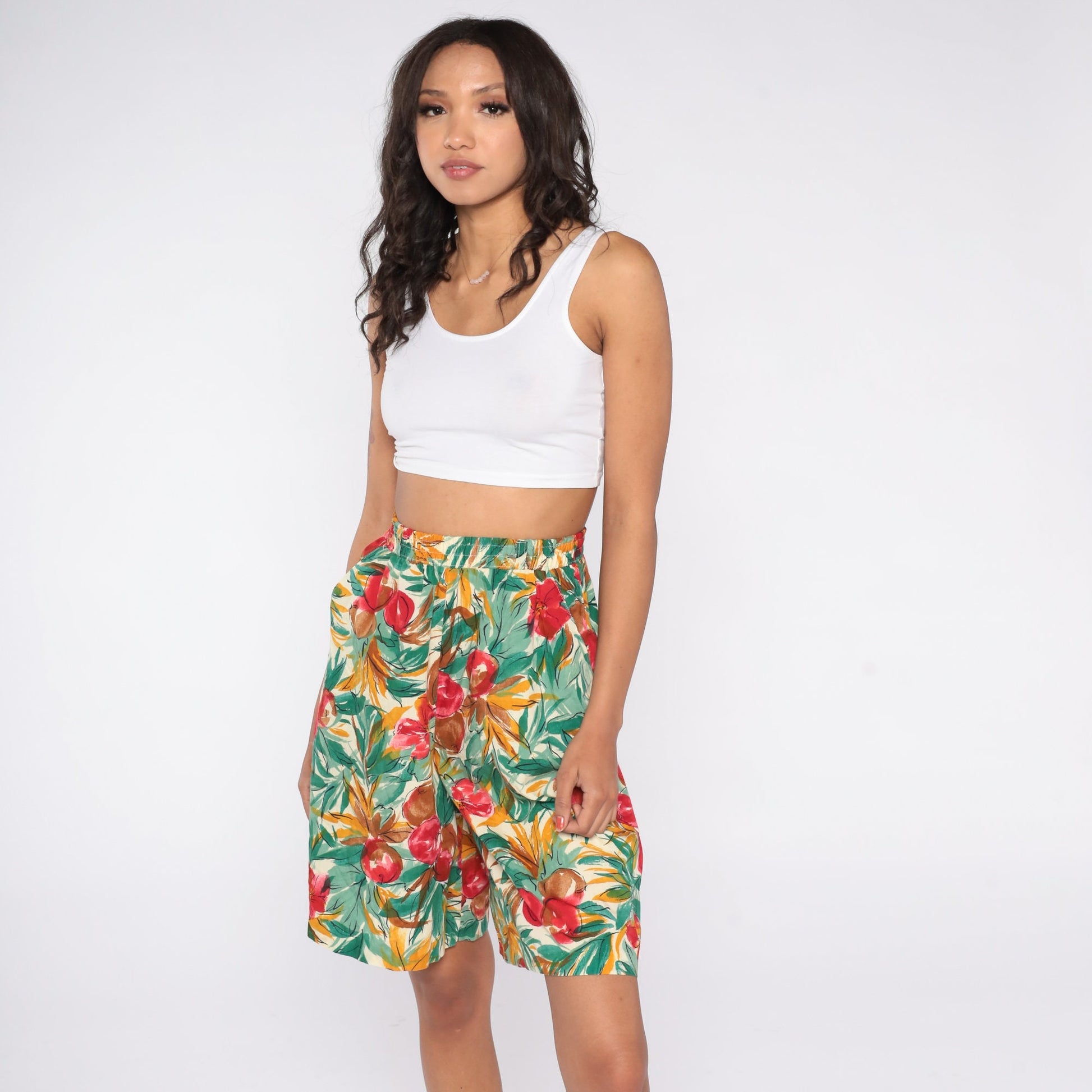 90s Fruit Floral Print Pleated Shorts High Waist Wide Leg Small S