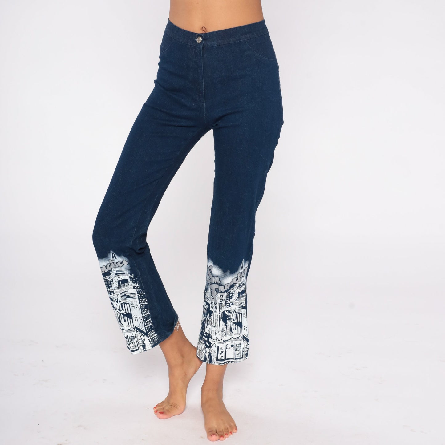 Y2K San Francisco Airbrushed Glitter Jeans Blue Denim Mid Rise Extra Small