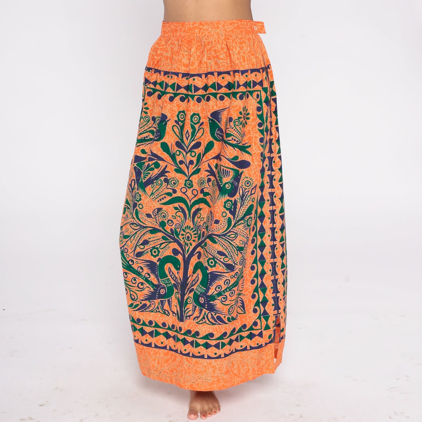 00s Tree of Life Bird Print Maxi Skirt Orange Floral Cotton Small