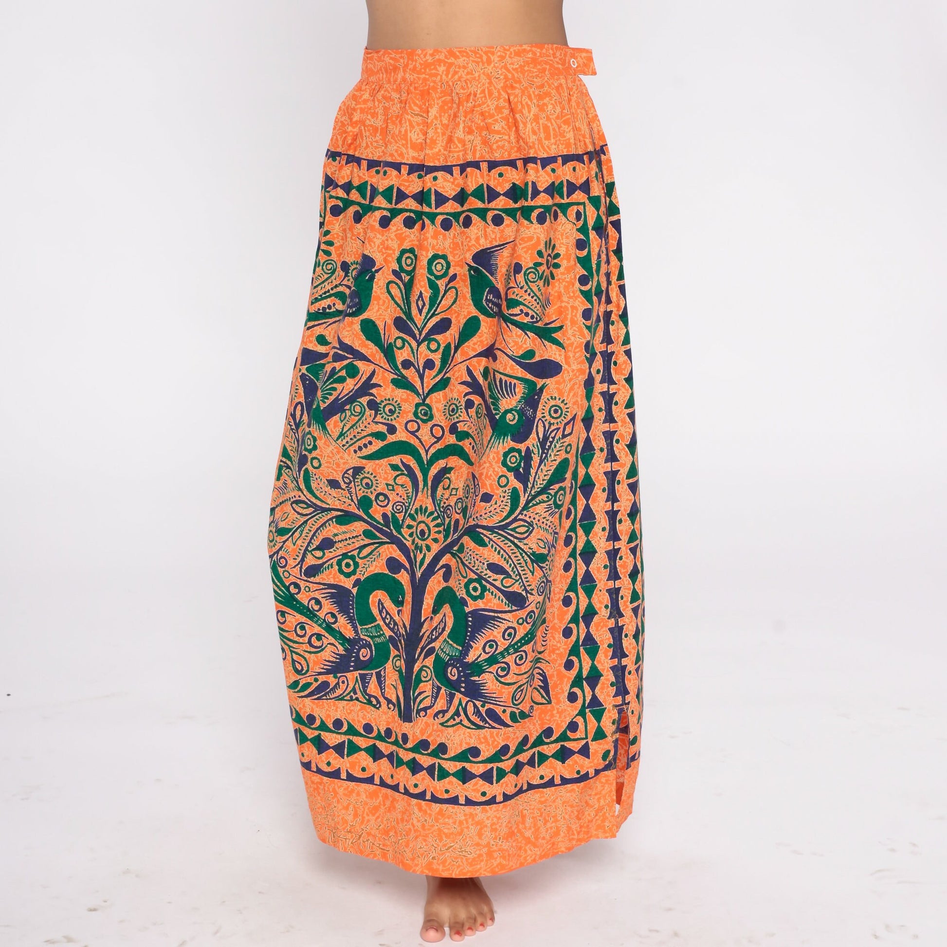 00s Tree of Life Bird Print Maxi Skirt Orange Floral Cotton Small