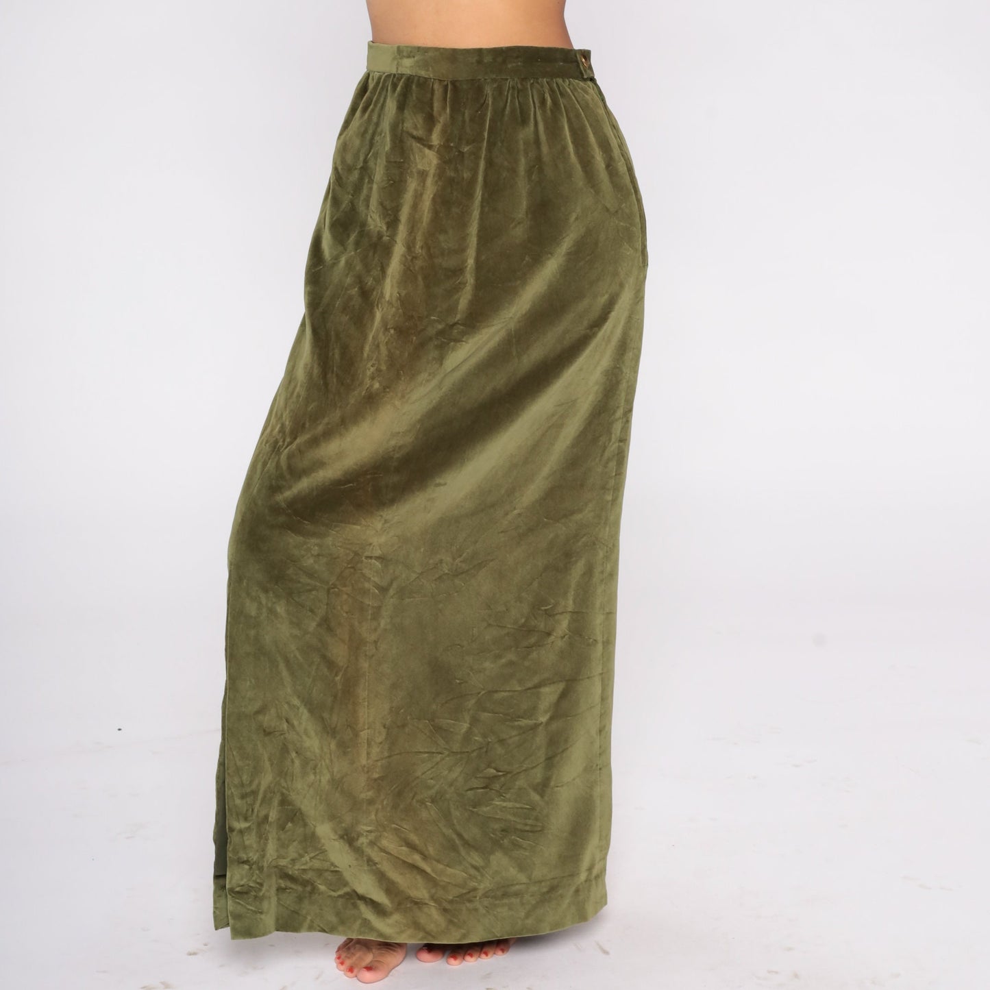 80s Green Velvet Maxi Skirt High Waist Front Slit Small