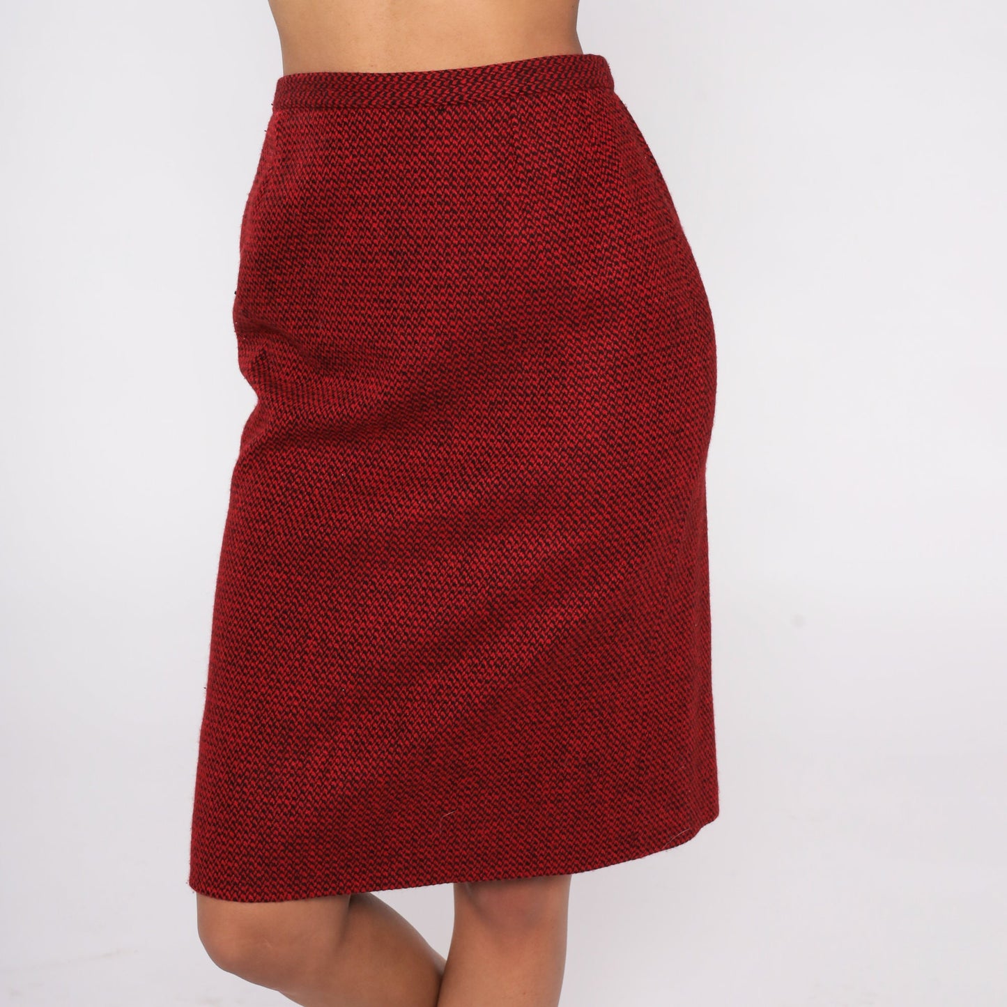 80s Guy LaRoche Wool Cashmere Mini Pencil Skirt Red Black High Waist Small