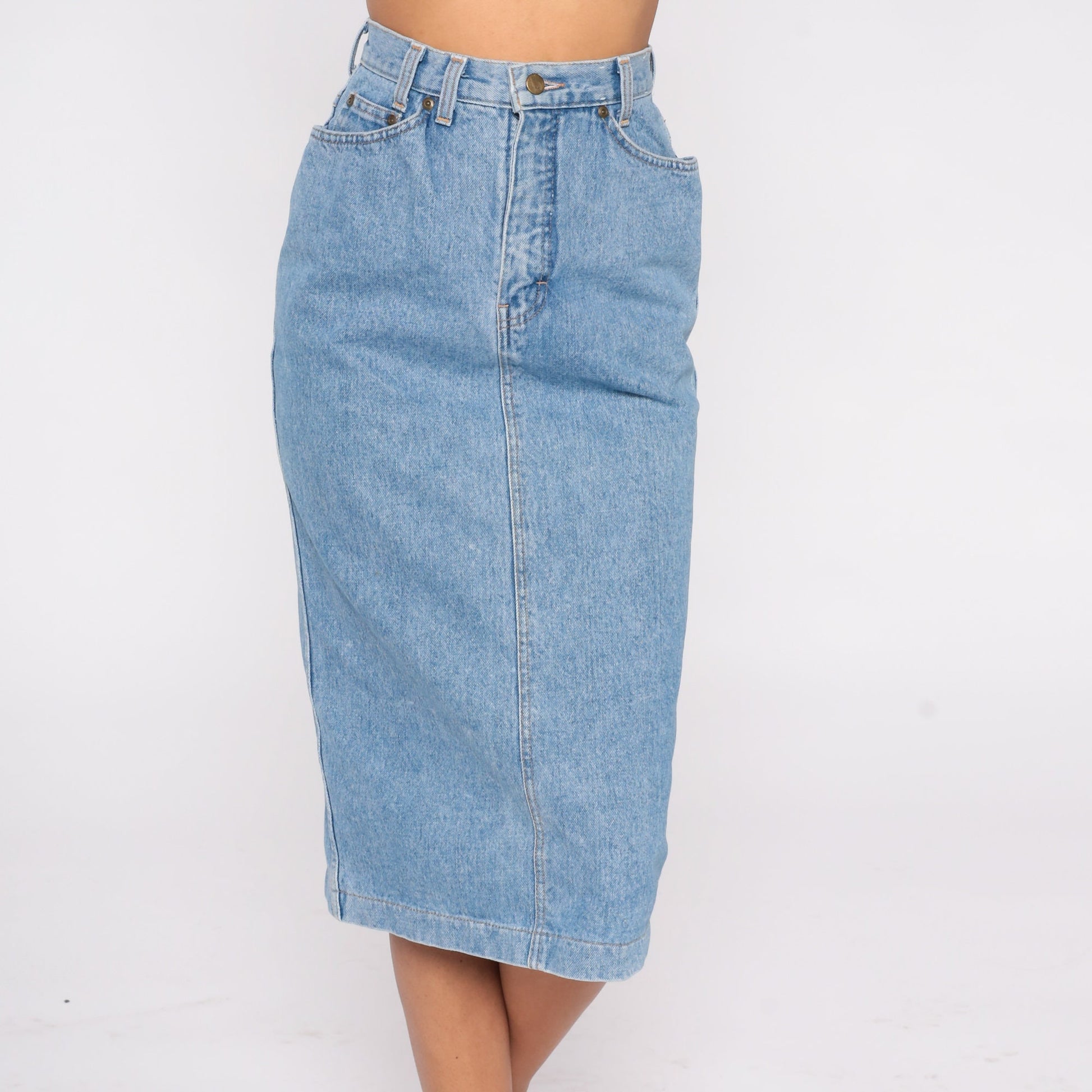 90s Blue Denim Midi Pencil Skirt High Waist Rear Slit Extra Small XS