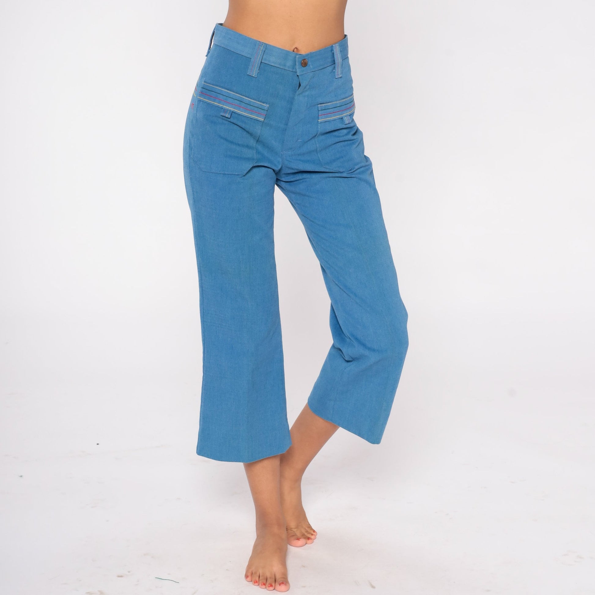 70s High Waisted Bell Bottom Jeans Cropped Flare Denim Blue Extra Small