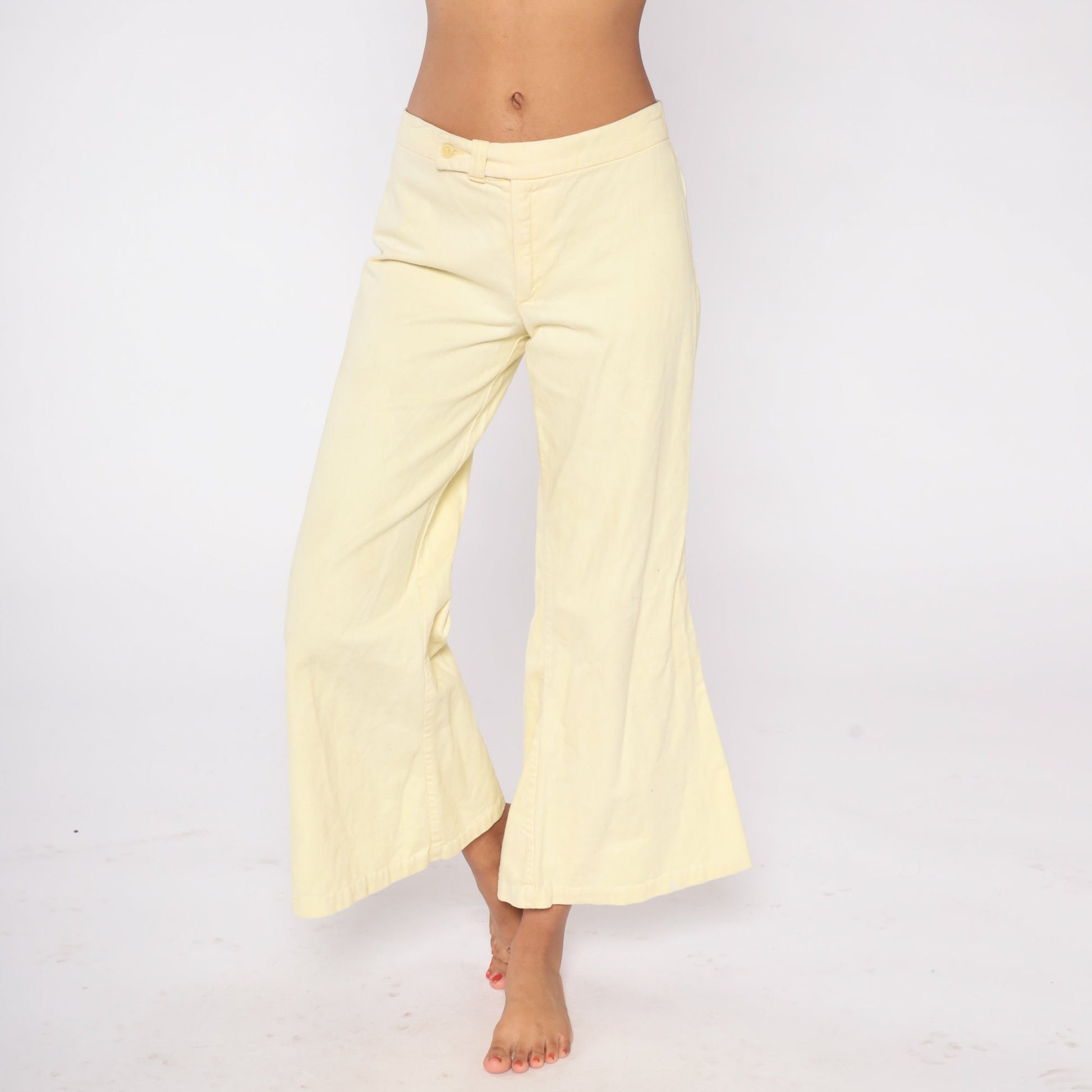70s Pale Yellow Bell Bottom Flare Pants Low Rise Cotton Extra Small
