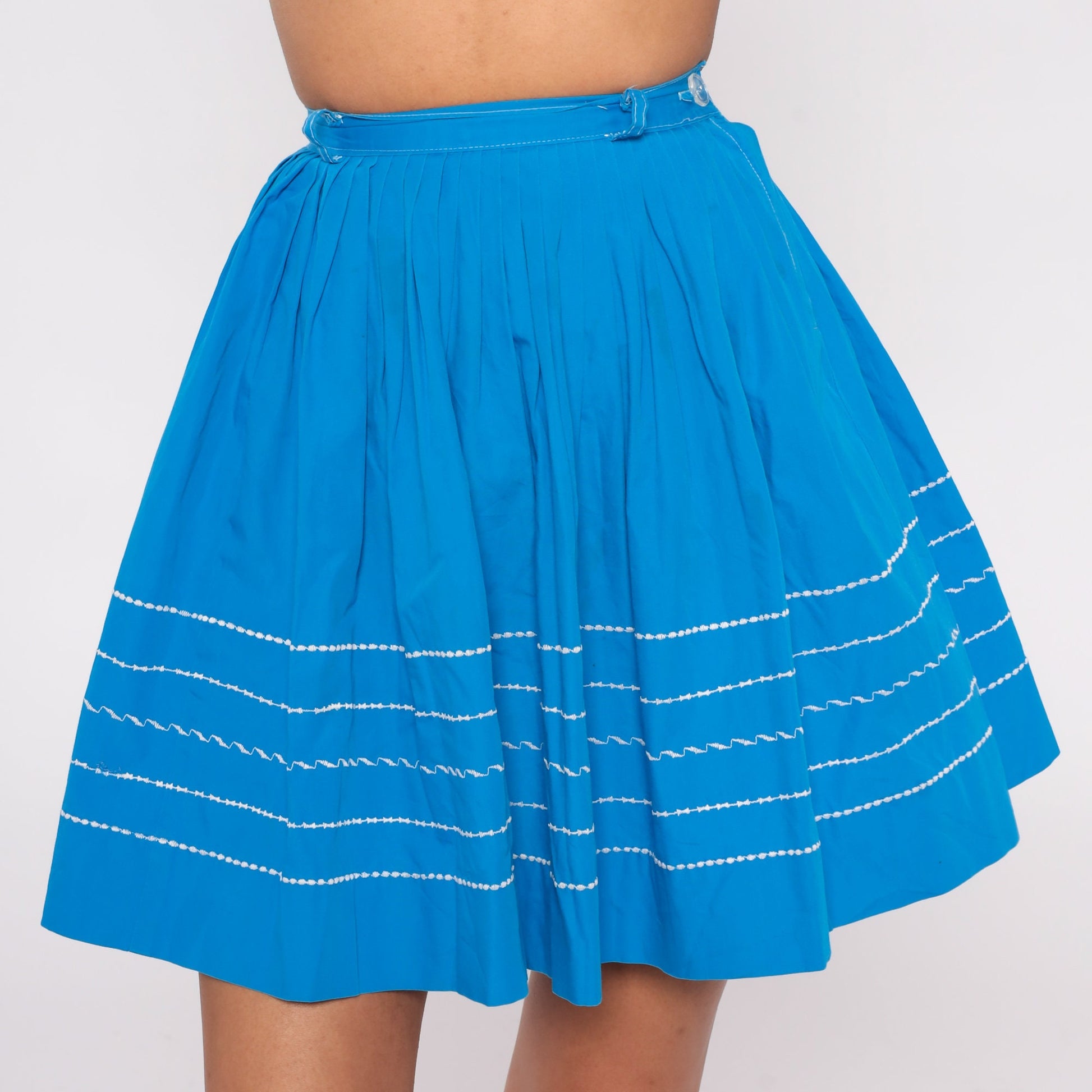 60s Blue Striped Pleated Mini Skirt High Waist Cotton 2XS