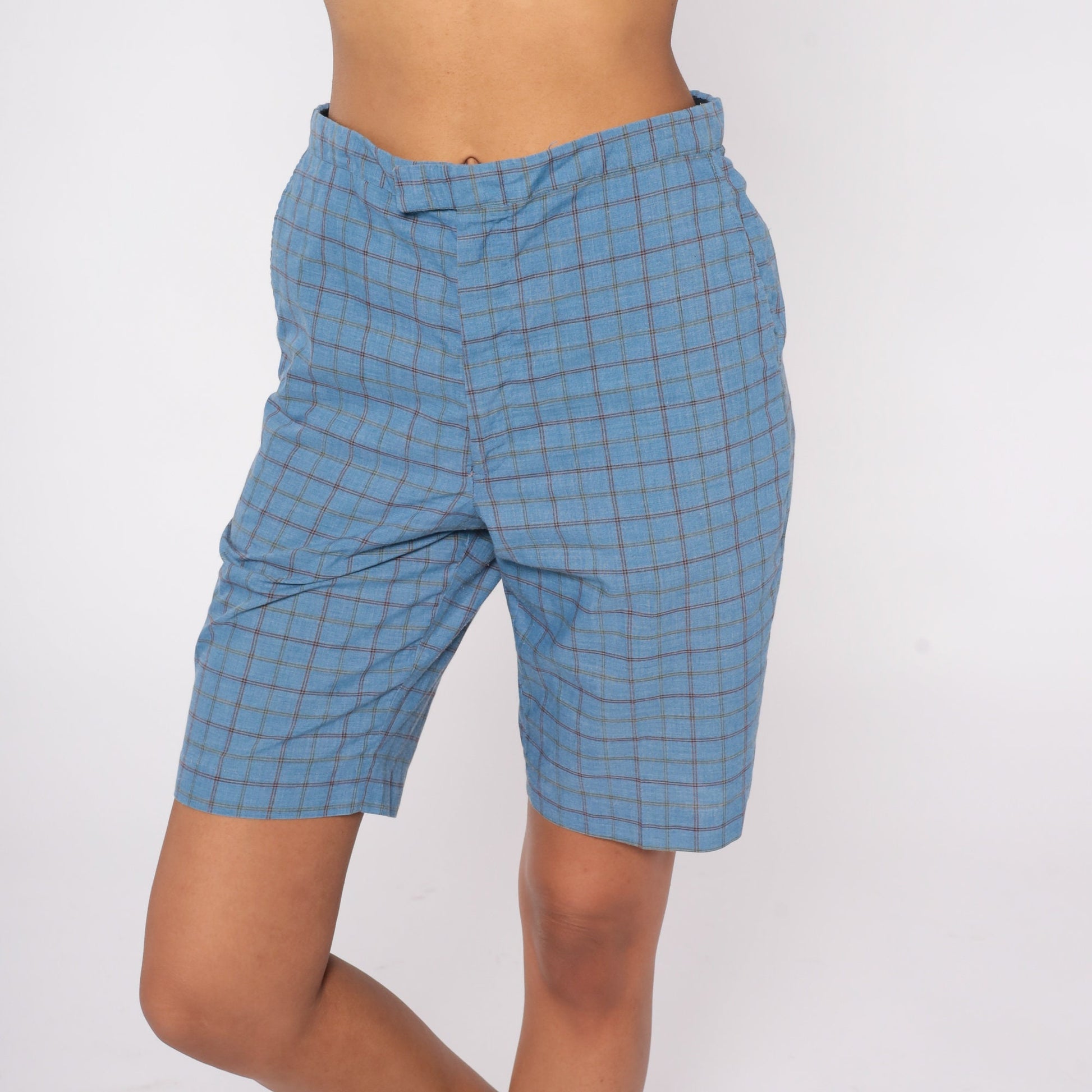 70s Blue Checkered Bermuda Shorts Knee Length Mid Rise Small