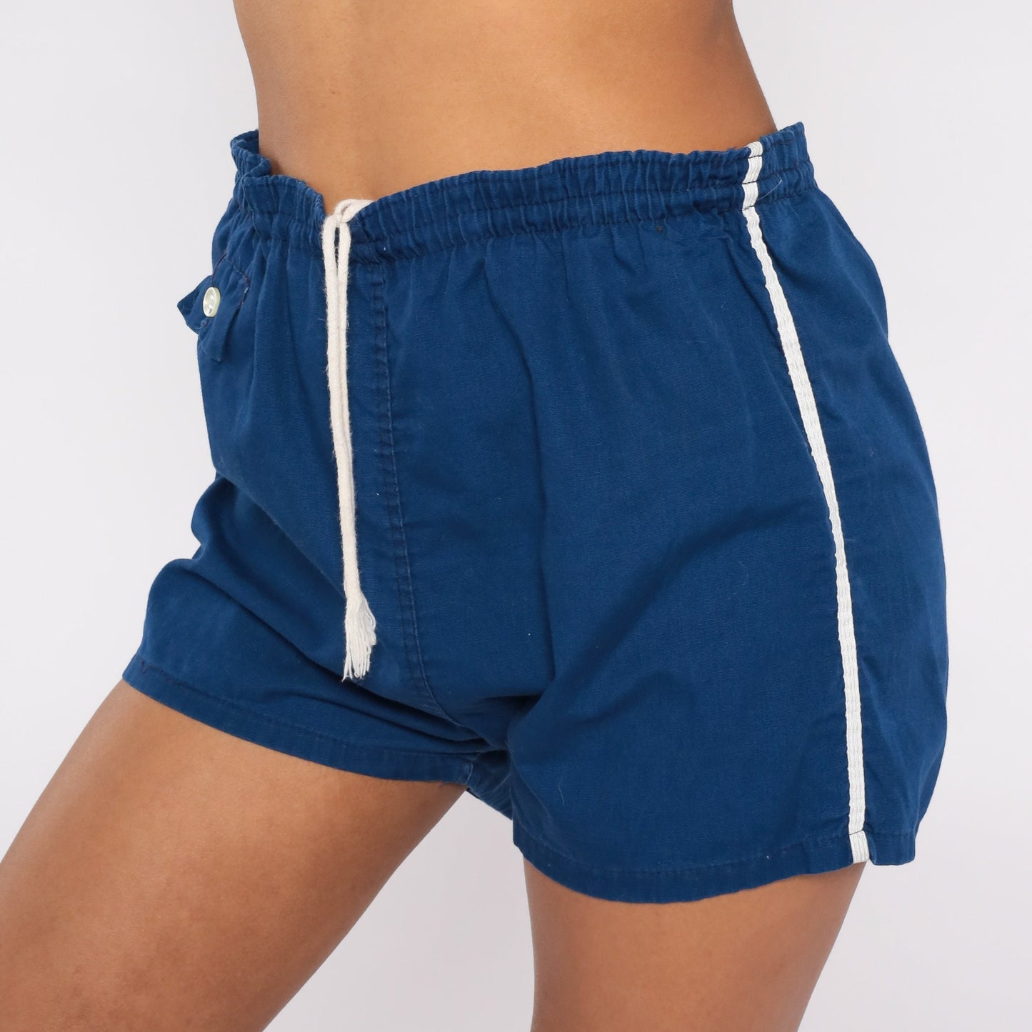 80s Blue Cotton Running Shorts High Rise Drawstring Waist Medium