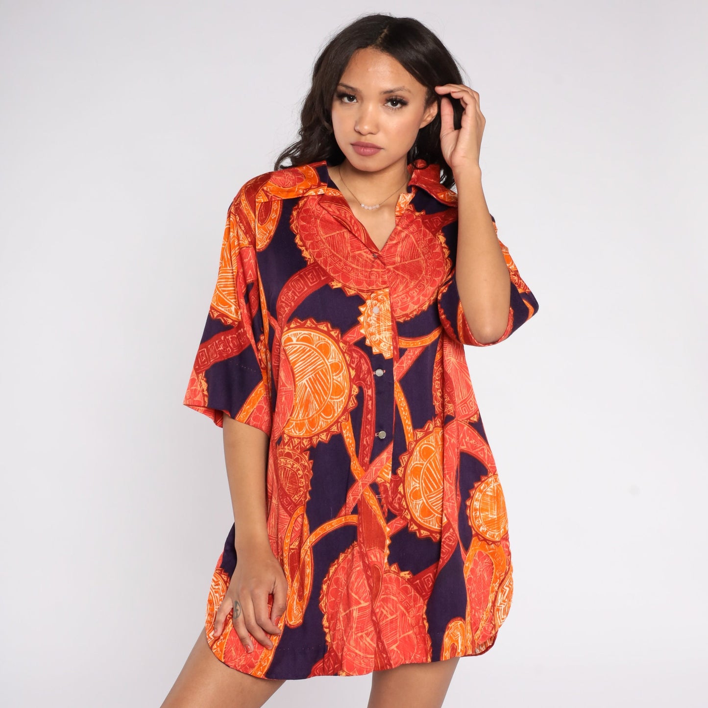 70s Purple Orange Abstract Medallion Print Button-Up Blouse Short Sleeve Extra Large XXL