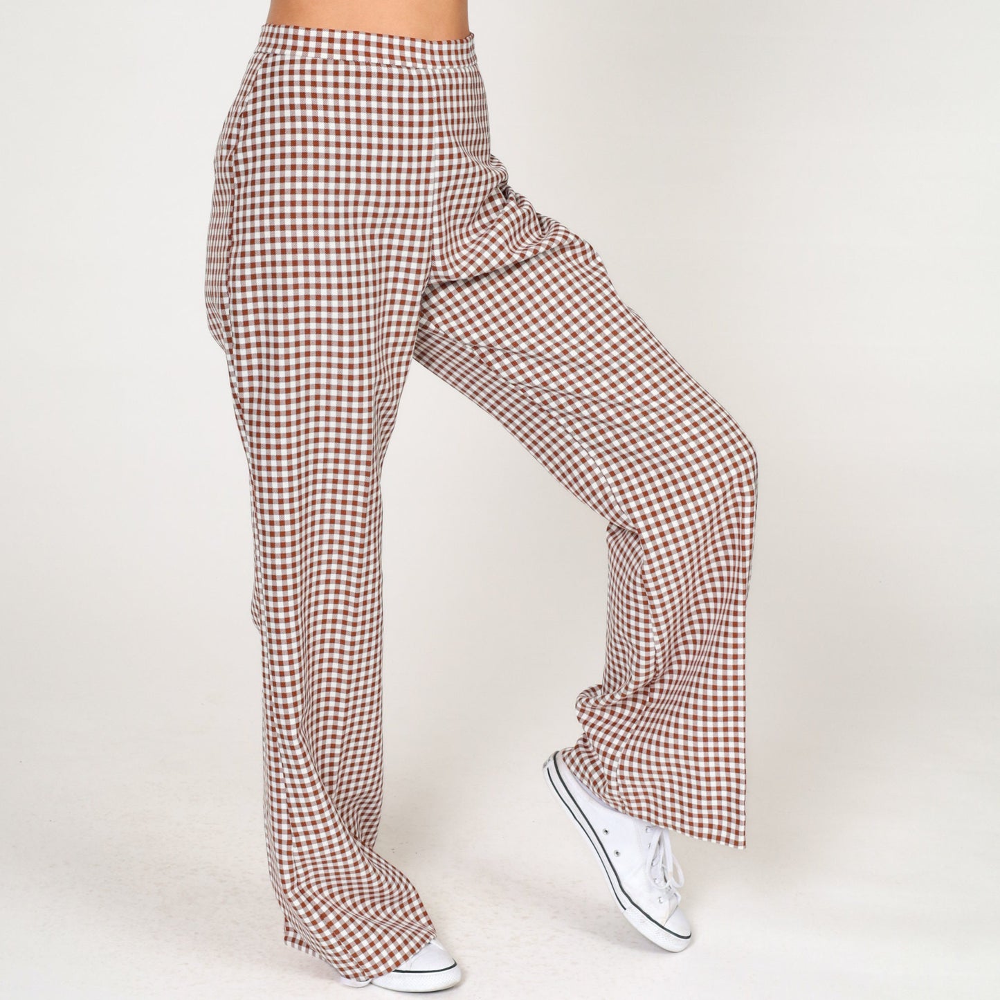 70s Gingham Bell Bottom Pants Brown White High Rise Flared Trousers Small