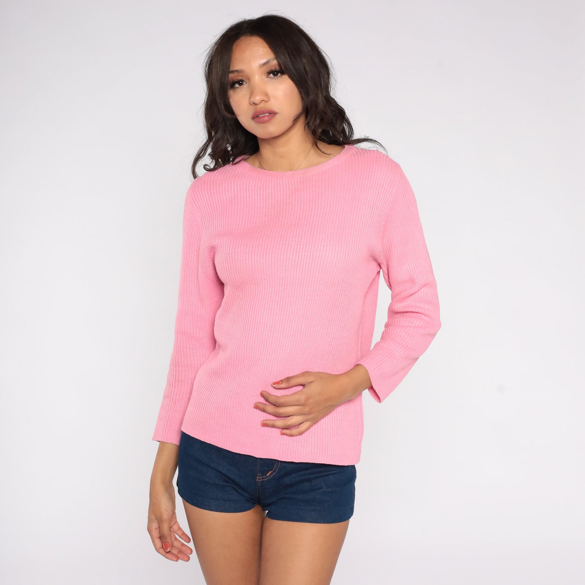 70s Pink Knit Crewneck Pullover Sweater Medium M
