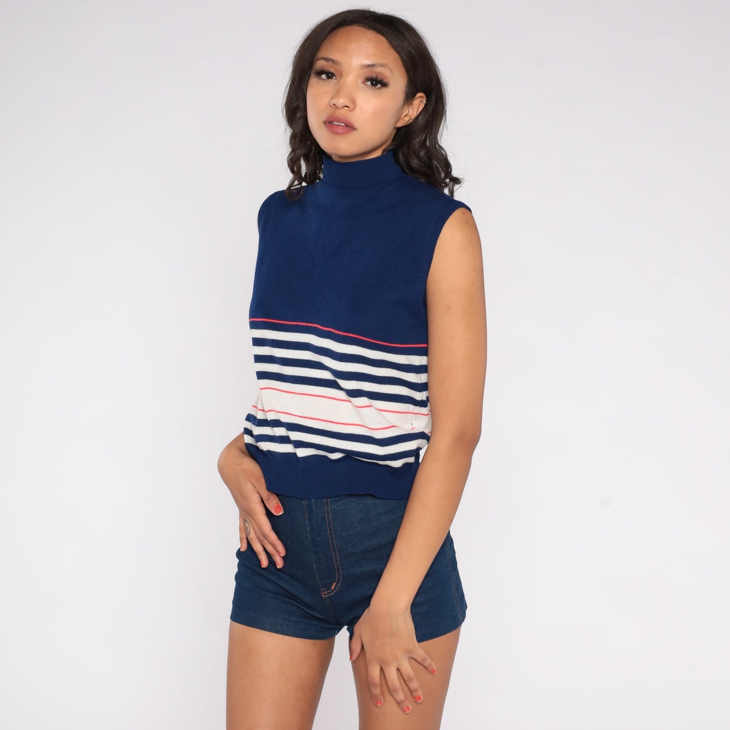 70s Blue Striped Knit Tank Top Mock Neck Sleeveless Sweater Medium