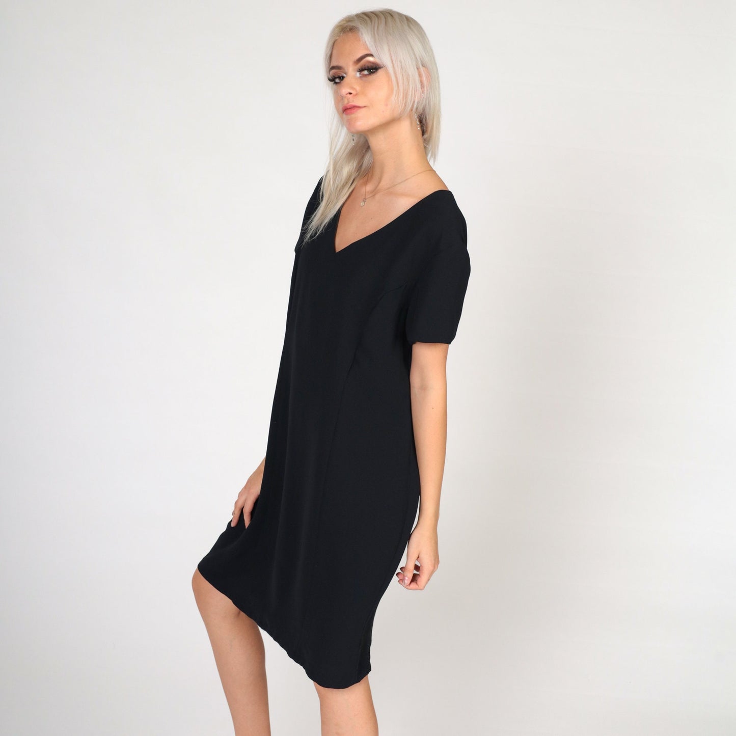 90s Black Mini Dress Sheath Cut Short Sleeve Petite 14