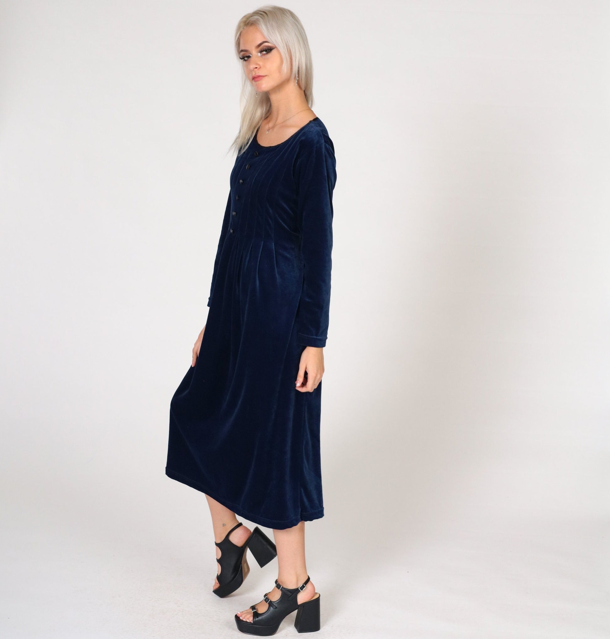 90s Blue Velvet Midi Dress Long Sleeve Button Front Shift Petite Medium