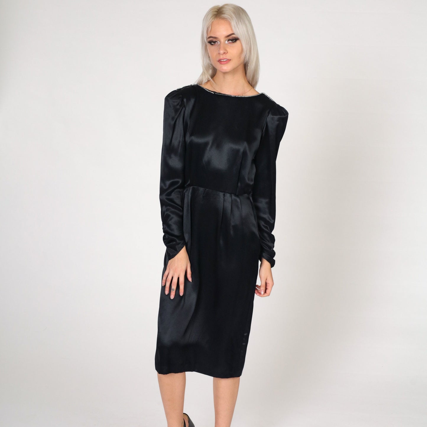 80s Black Satin Midi Dress Rhinestone Neckline Puff Sleeve High Waist Small