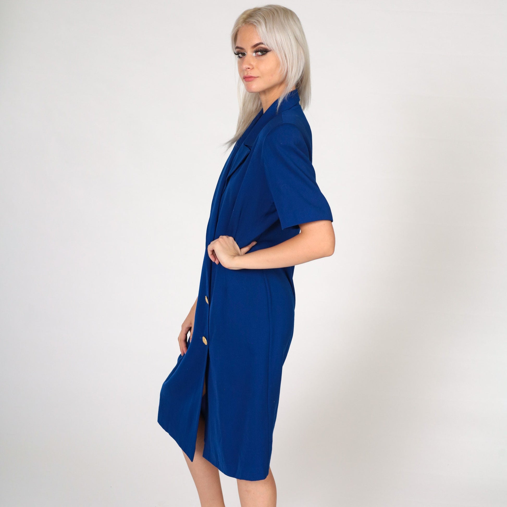 80s Royal Blue Double Breasted Button Up Midi Dress Gold Trim Medium 10