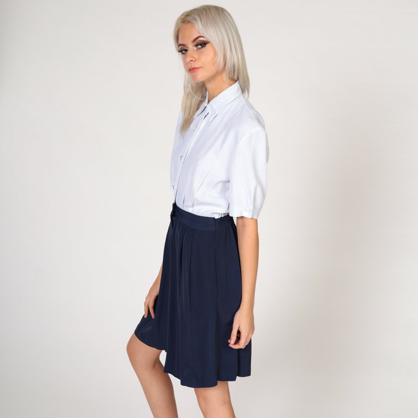 80s Navy White Collared Romper High Waist Button Front Pockets Small