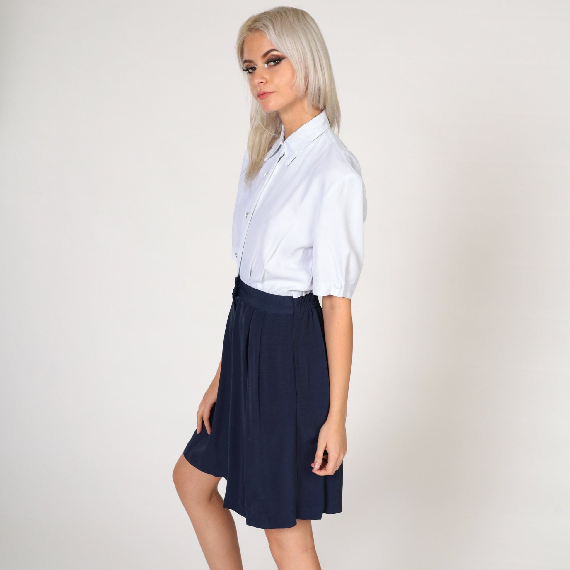 80s Navy White Collared Romper High Waist Button Front Pockets Small