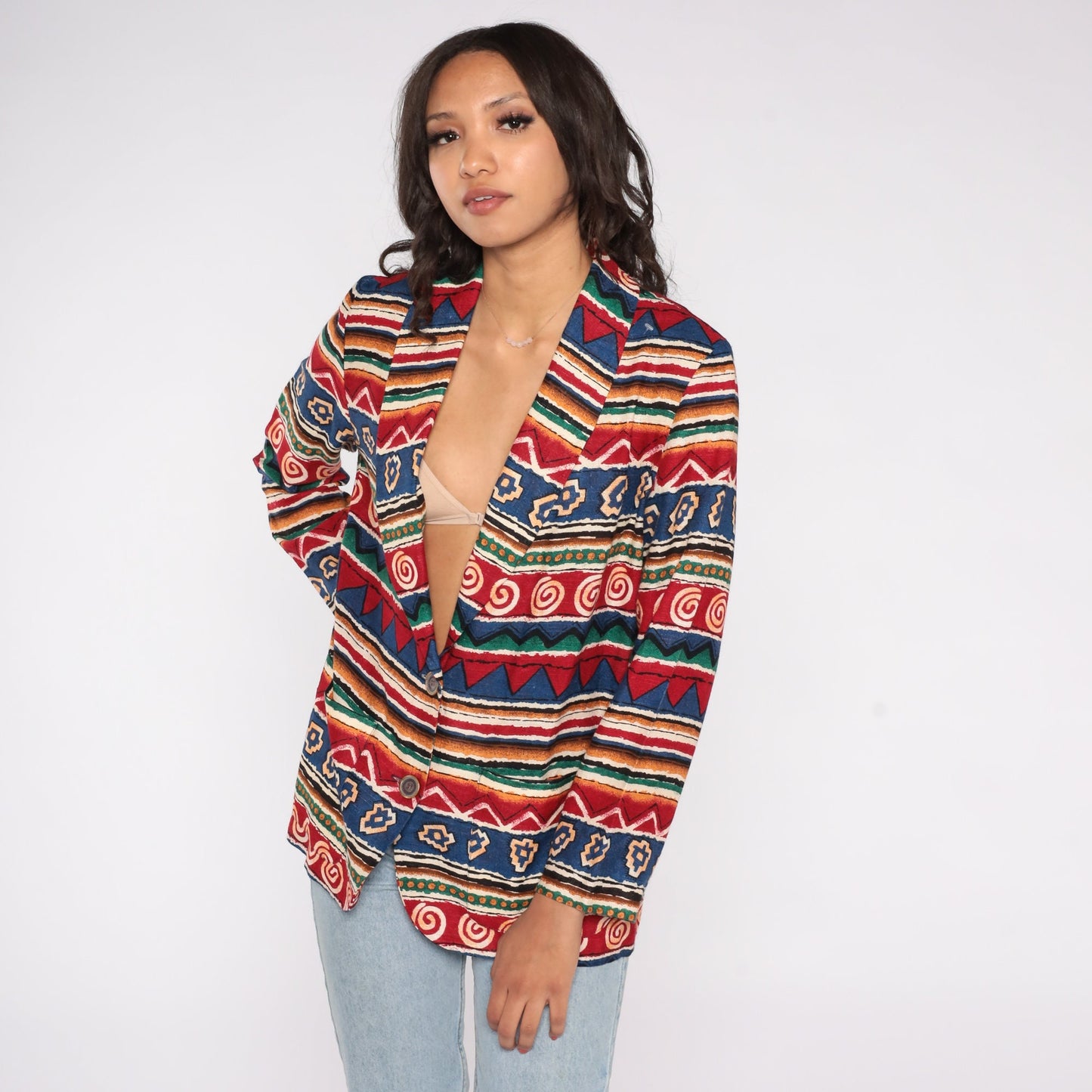 90s Southwestern Striped Blazer Red Blue Geometric Jacket Petite 8