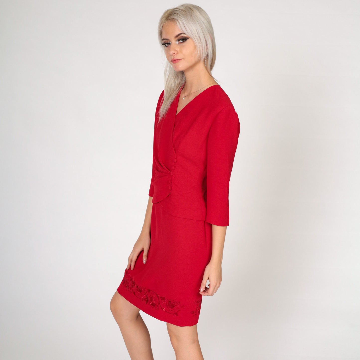 90s Donna Morgan Red Mini Dress Faux Wrap Button Up Floral Embroidered Extra Small