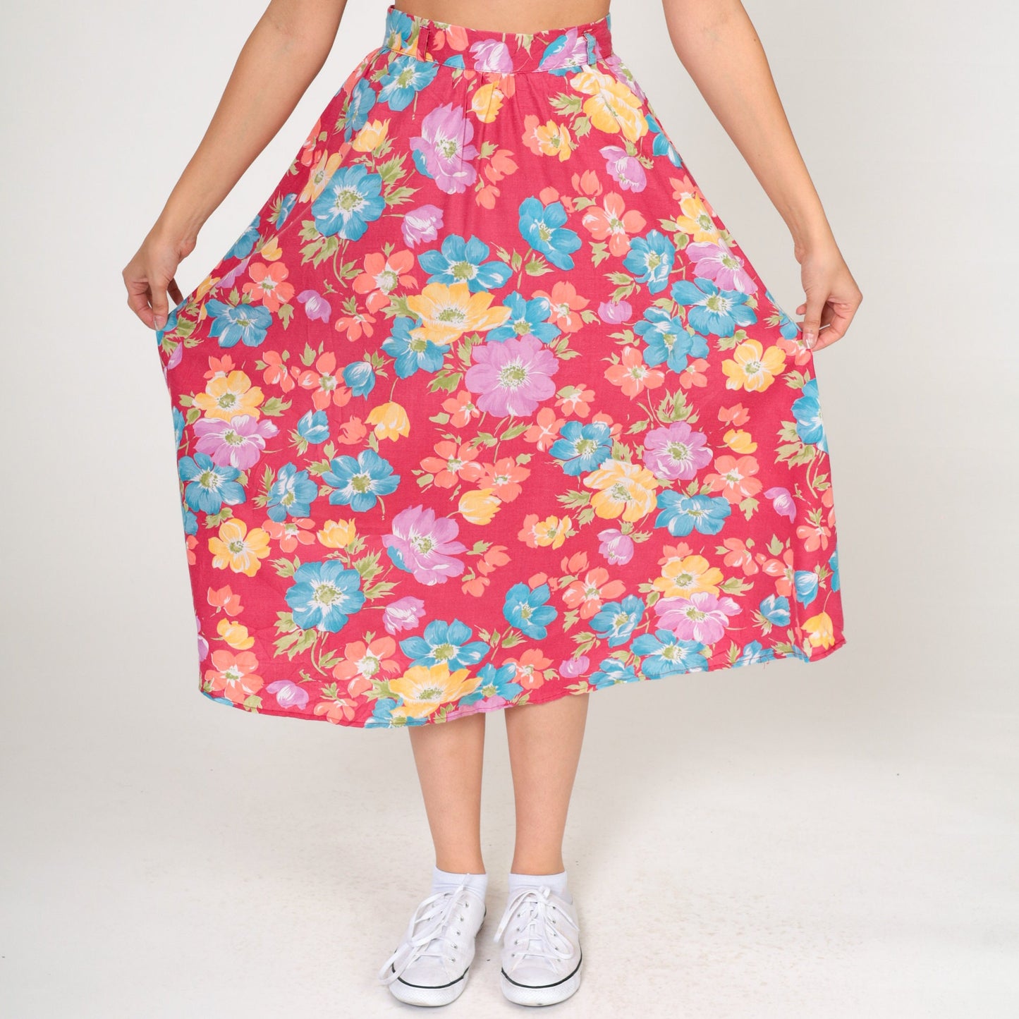 80s Byer California Floral Midi Skirt Red High-Waist Cotton Blend Extra Small