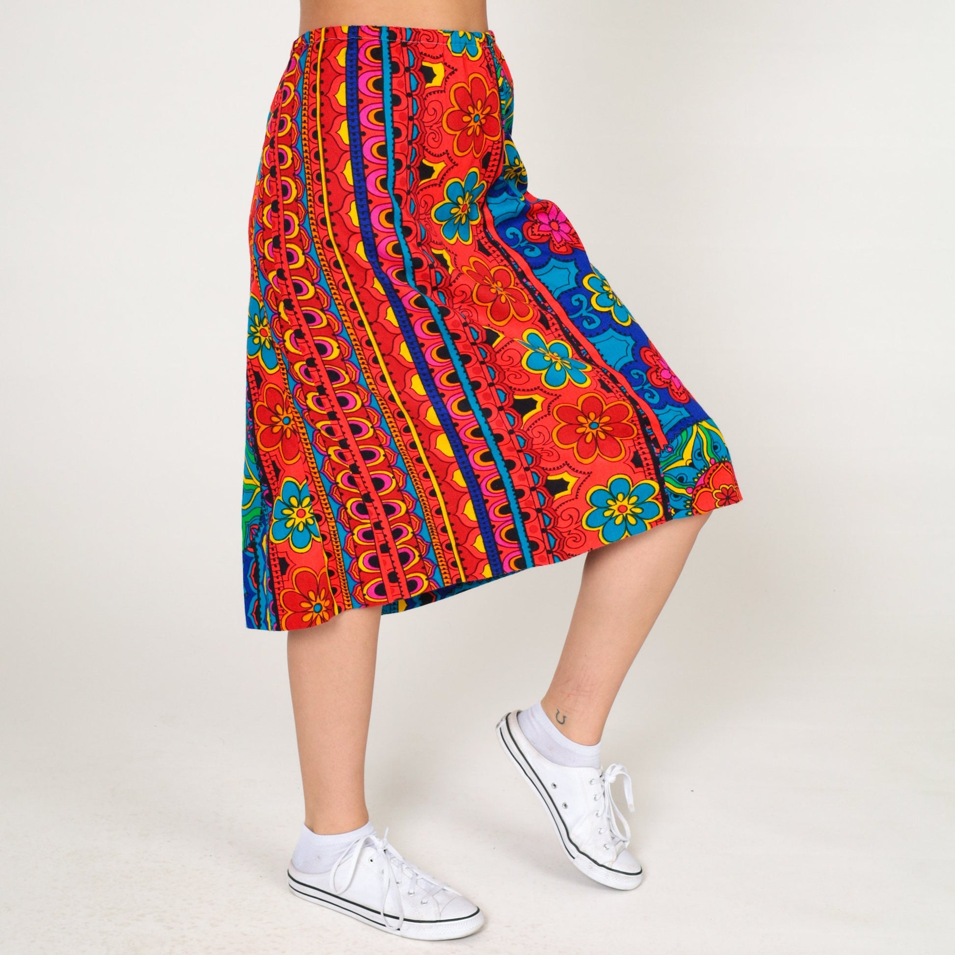70s Floral Midi Skirt High Waist Blue Orange Striped Plus Size XL