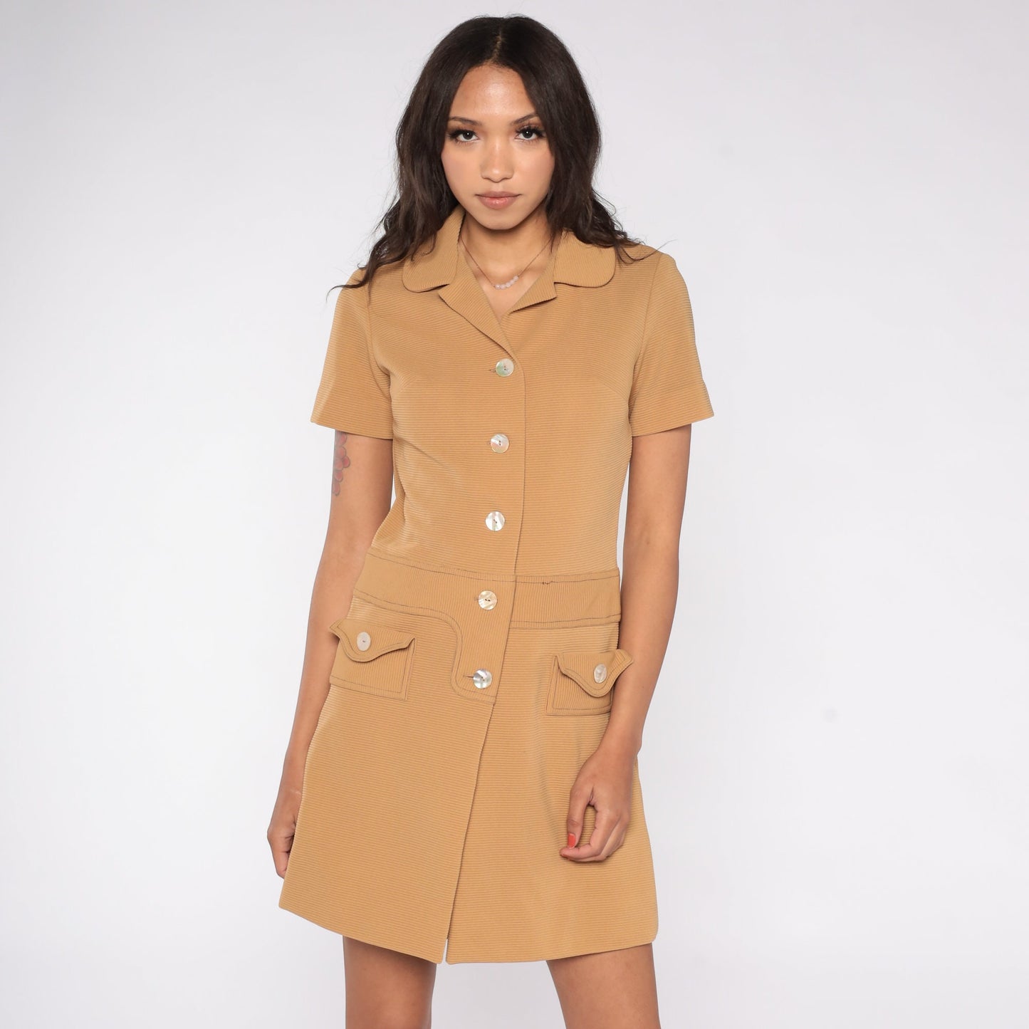 60s Mod Tan Shift Mini Dress with Built-In Shorts Medium