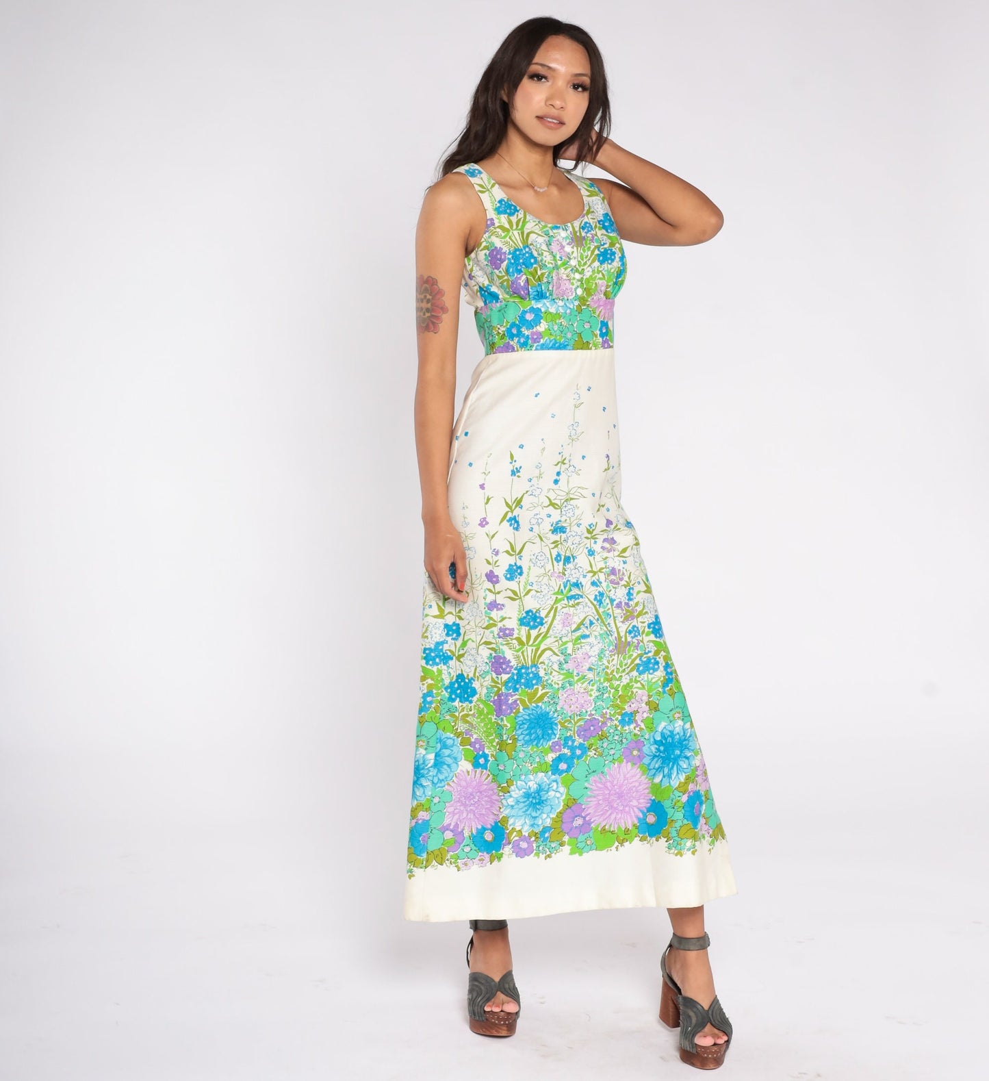 70s Floral Maxi Dress White Empire Waist Sleeveless Side Slit Extra Small