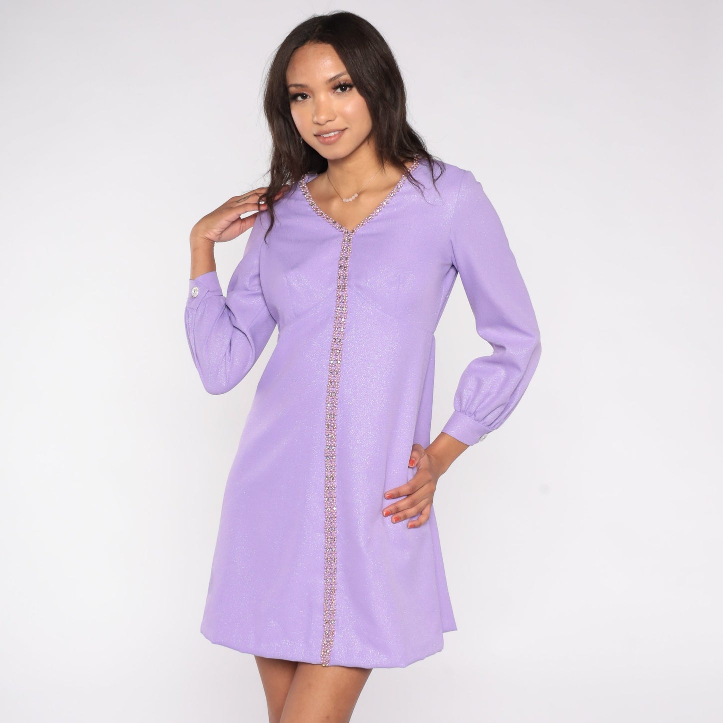 70s Metallic Purple Mini Dress Beaded Empire Waist Long Sleeve Small