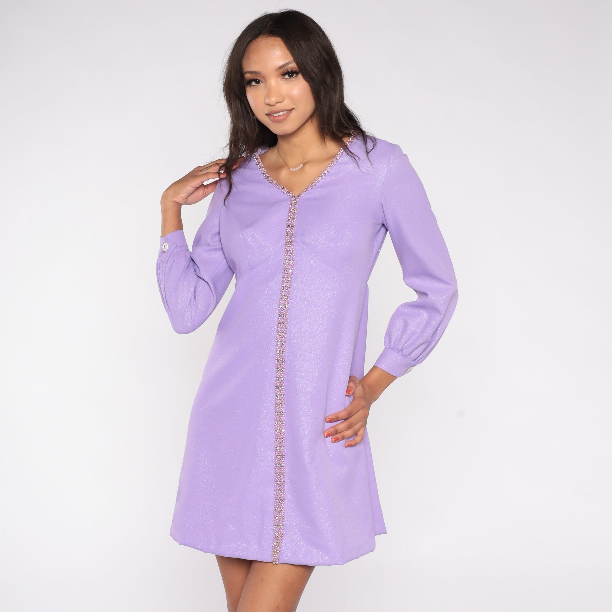 70s Metallic Purple Mini Dress Beaded Empire Waist Long Sleeve Small