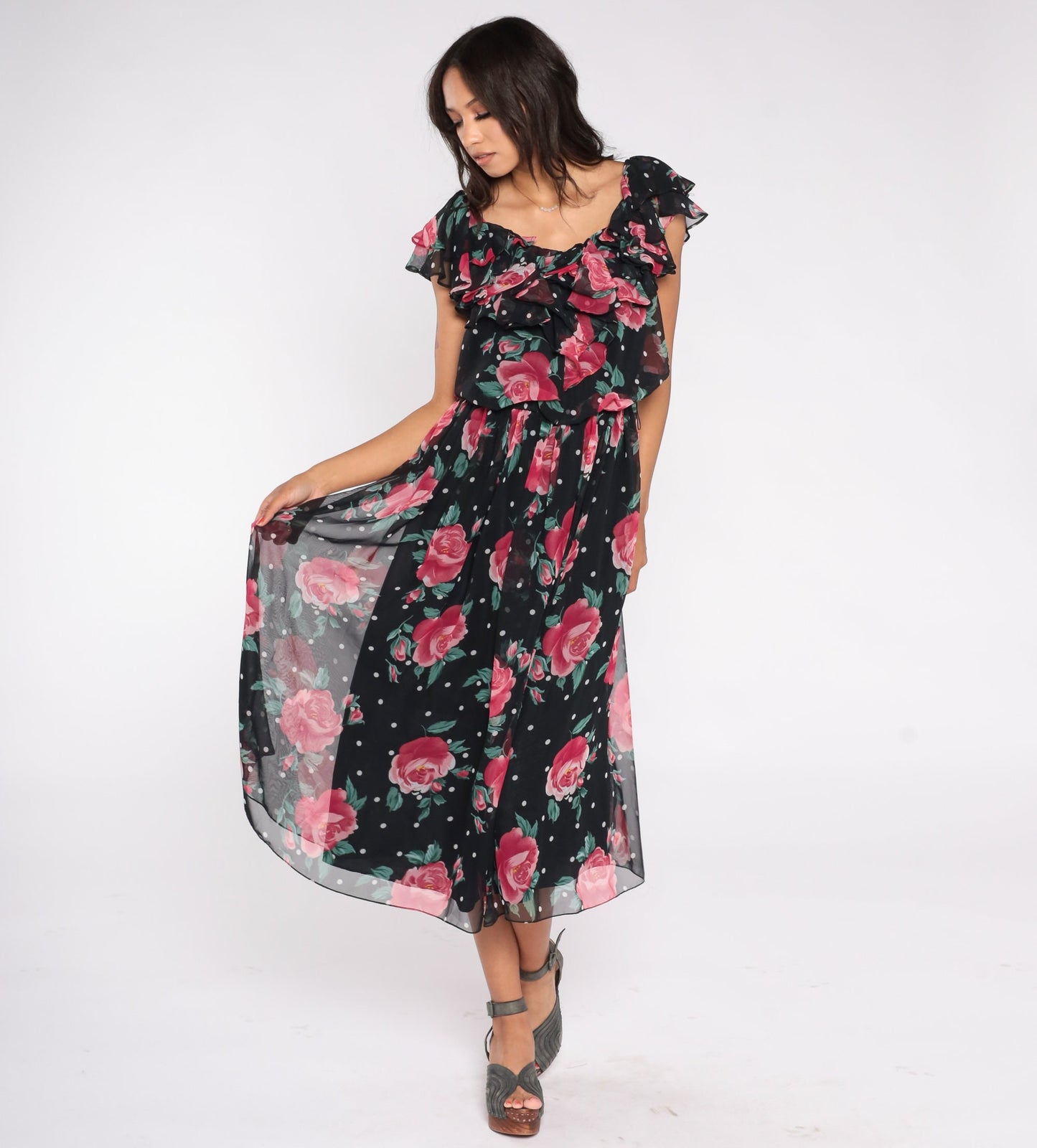 80s Black Floral Chiffon Midi Dress Rose Polka Dot Ruffled Flutter Sleeve Small
