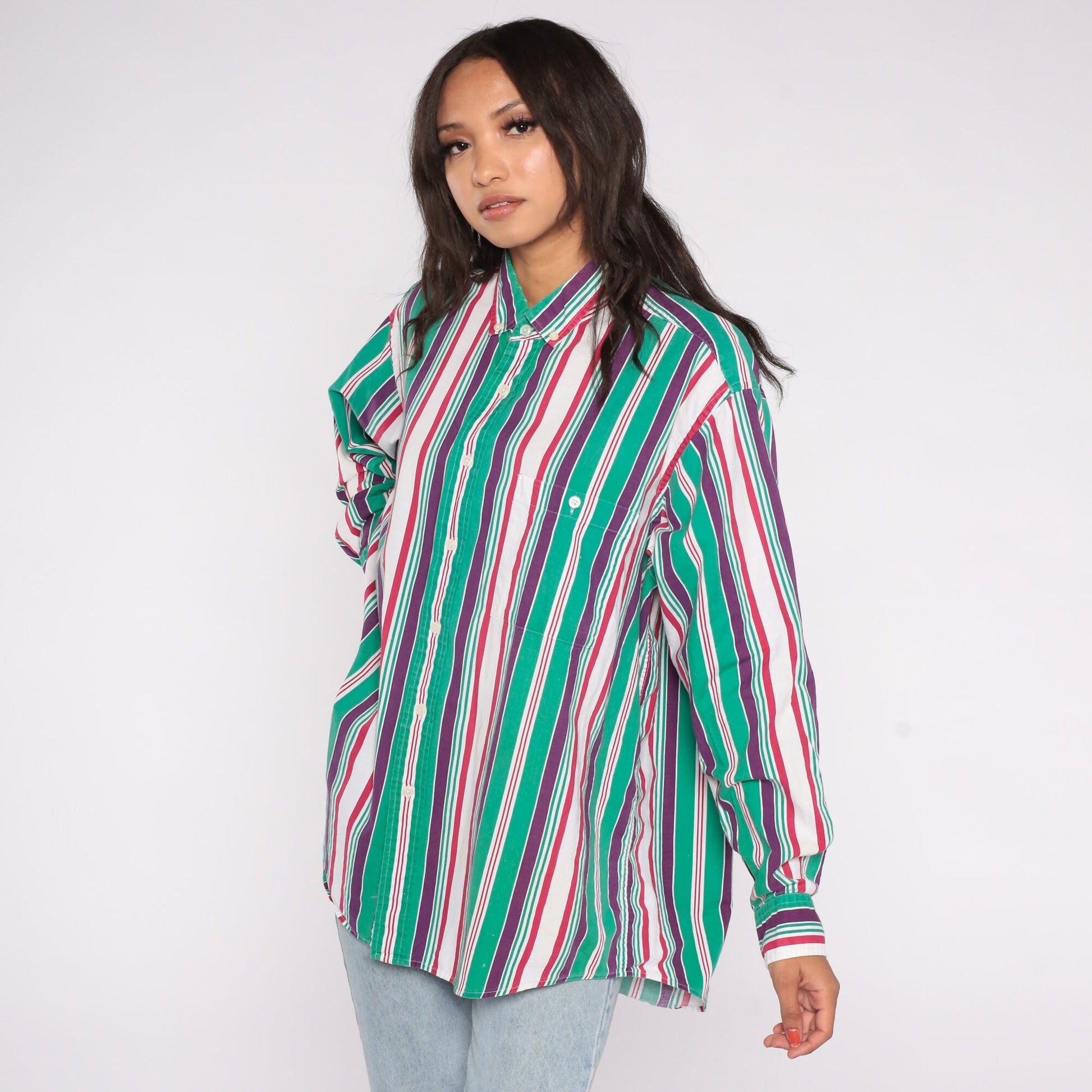 90s Sears Roebuck Striped Cotton Button-Up Shirt Green Purple Extra Large
