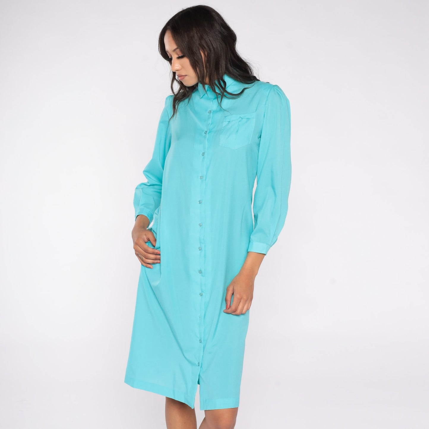 80s Spiegel Puff Sleeve Midi Shirtdress Turquoise Button-Up Medium 8
