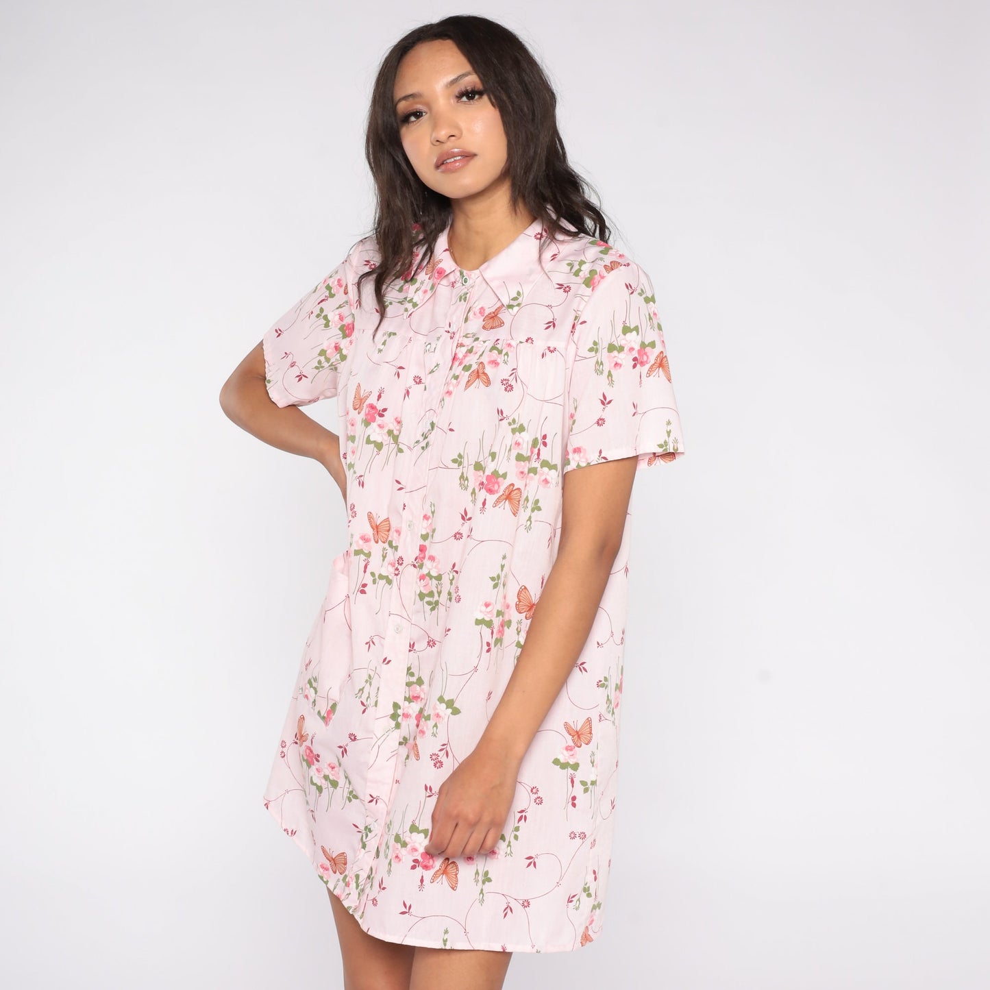 70s Baby Pink Butterfly Floral Mini Dress Snap Button Short Sleeve Medium Large