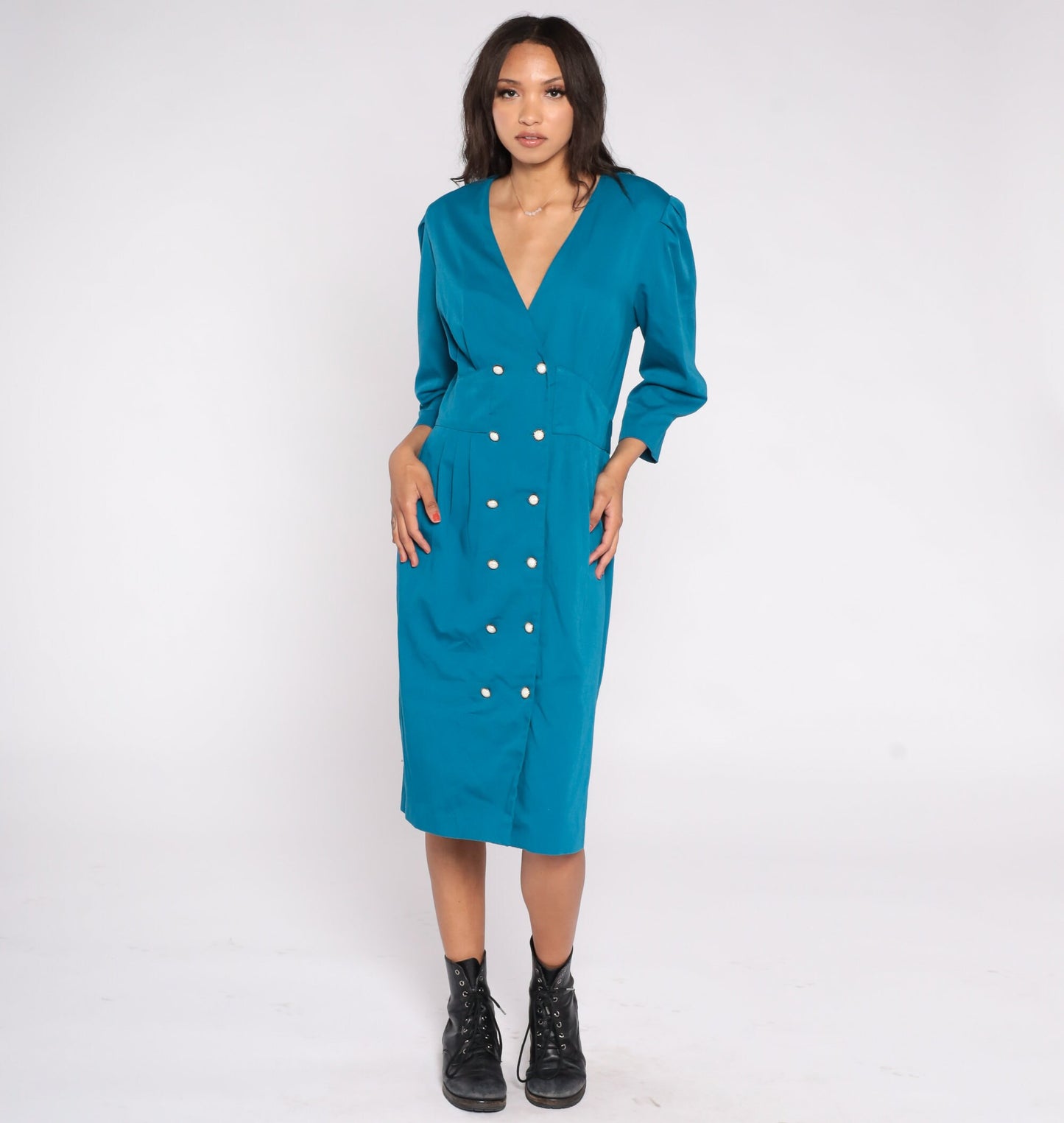 80s Stuart Alan Blue Midi Shift Dress Double Breasted Puff Sleeve Medium