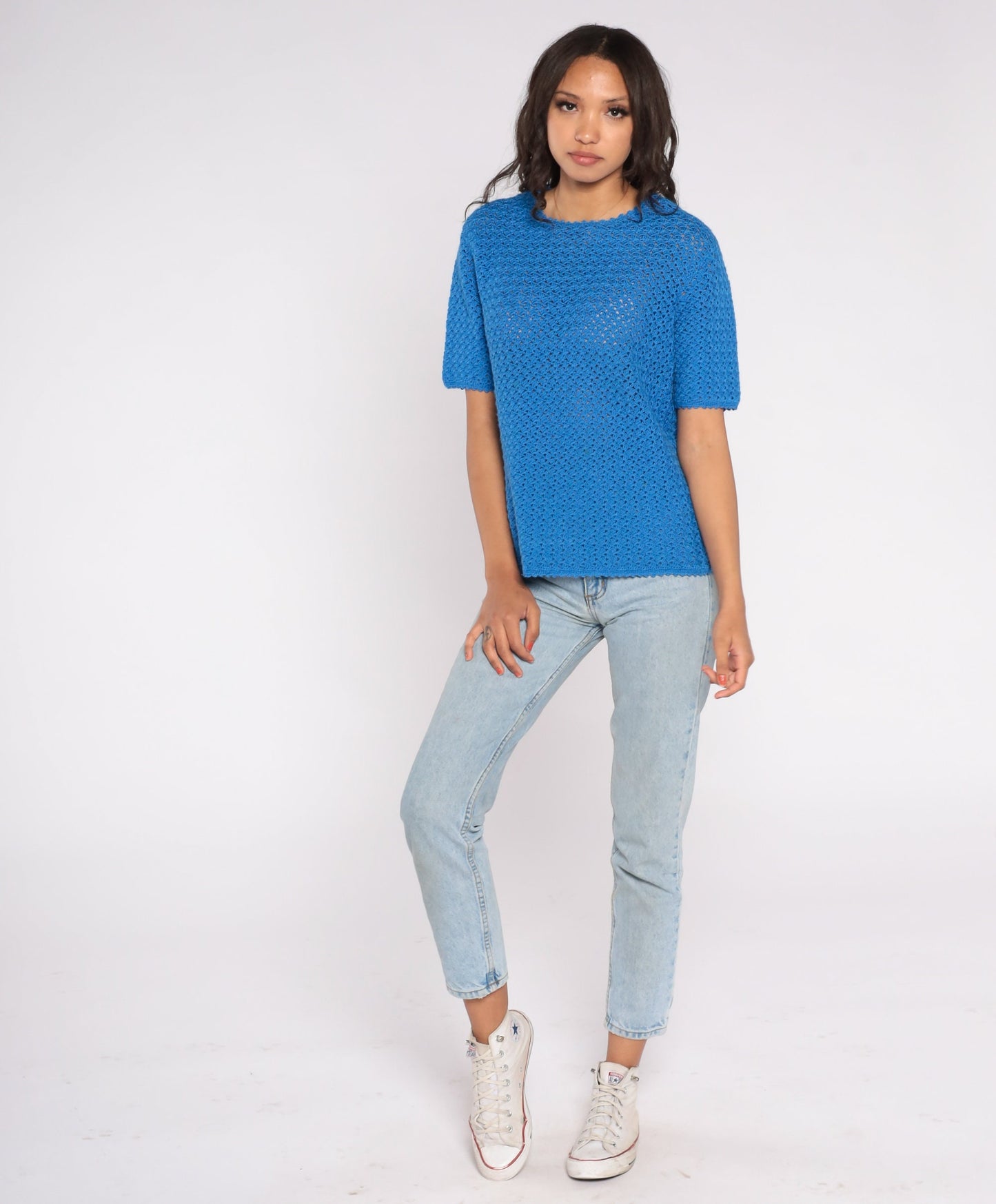 70s Blue Crochet Blouse Open Weave Short Sleeve Sheer Top Medium