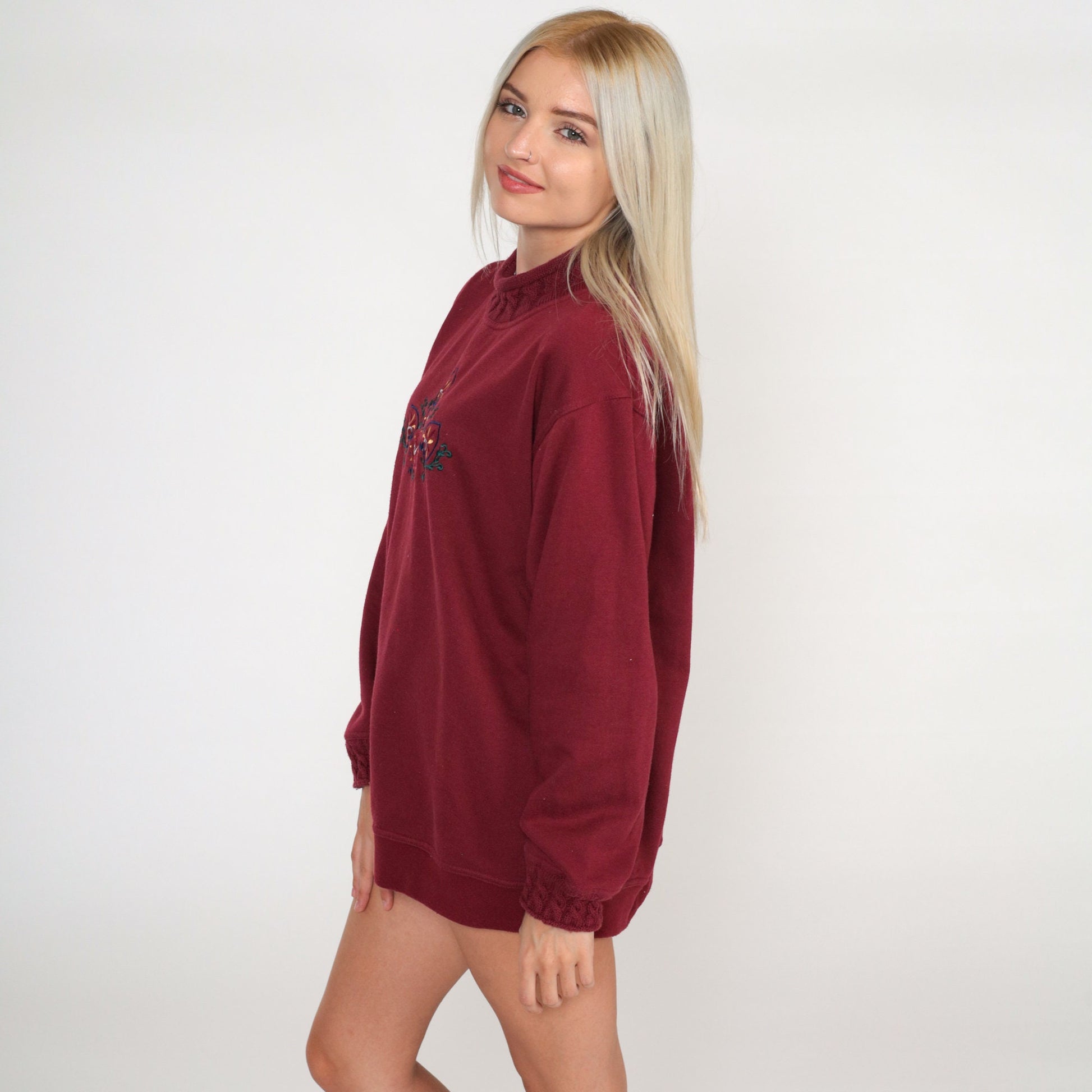 90s Hunt Club Embroidered Leaf Sweatshirt Burgundy Paisley Crewneck Large