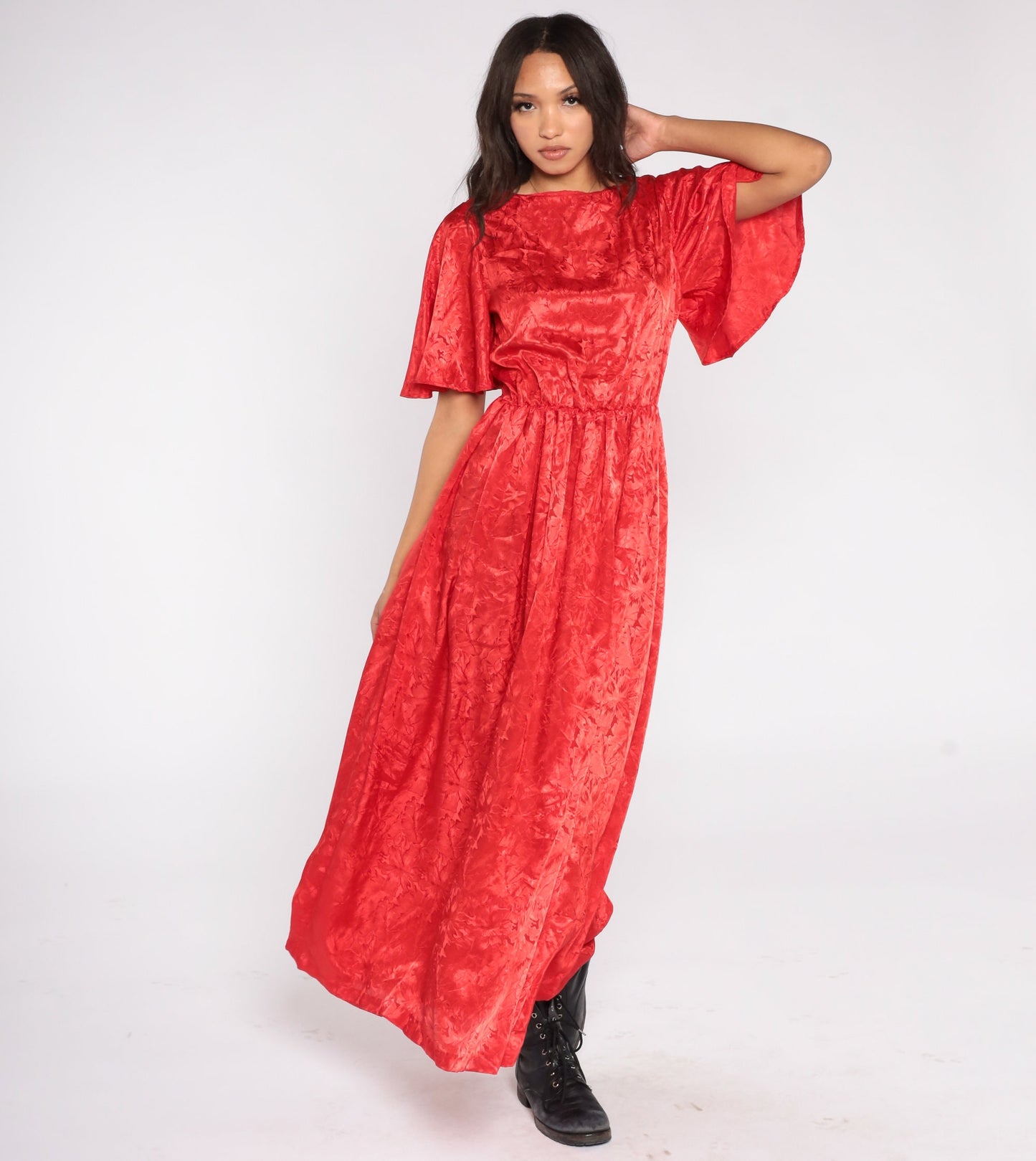 70s Red Maxi Dress Flutter Sleeve Embossed Tropical Floral High Waist Small
