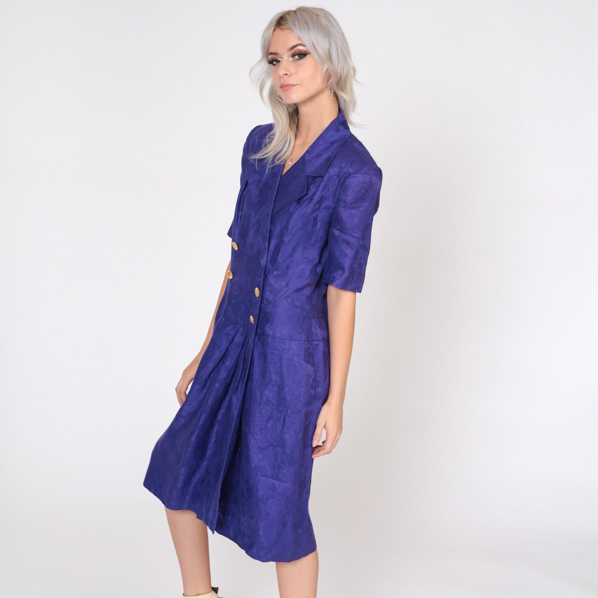 80s Albert Nipon Purple Linen Midi Dress Embossed Floral Wrap Button-Up Puff Sleeve Medium 8
