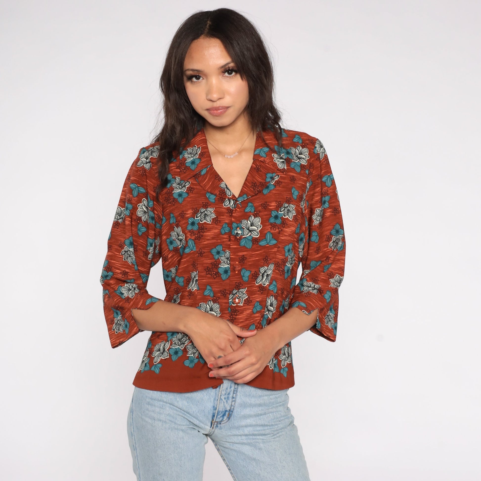 80s Floral Button-Up Blouse Brown Burnt Orange Flower Print 3/4 Sleeve Medium