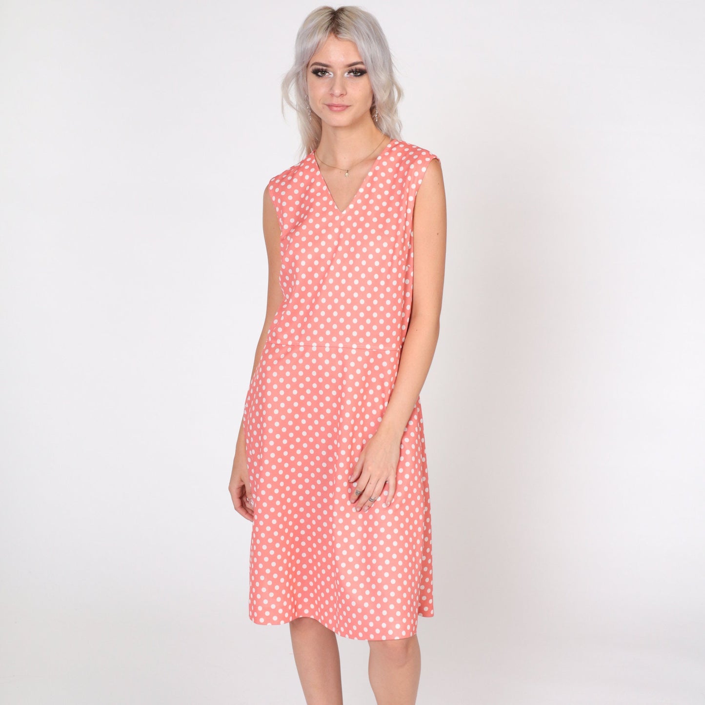70s Pink Polka Dot Mini Dress Sleeveless V-Neck High Waist Medium