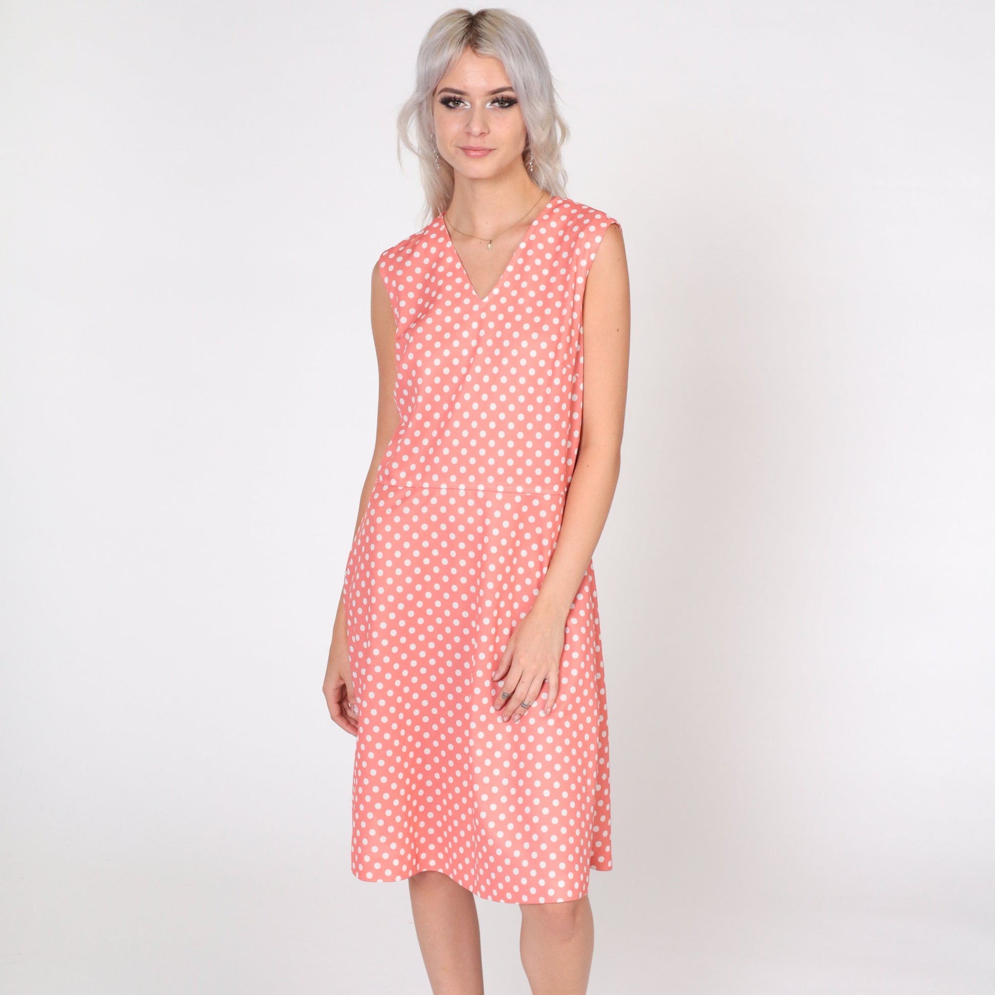 70s Pink Polka Dot Mini Dress Sleeveless V-Neck High Waist Medium