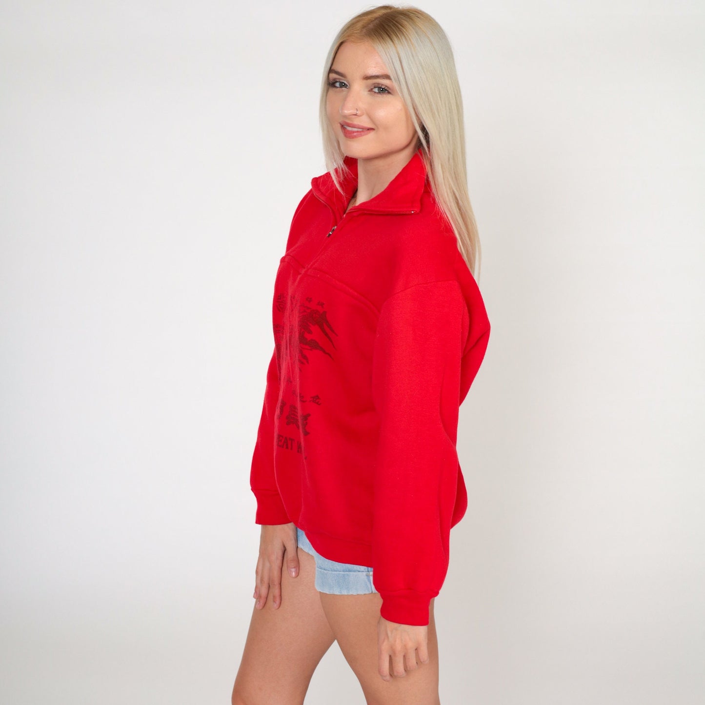 80s Great Wall of China Sweatshirt Quarter Zip White Graphic Medium